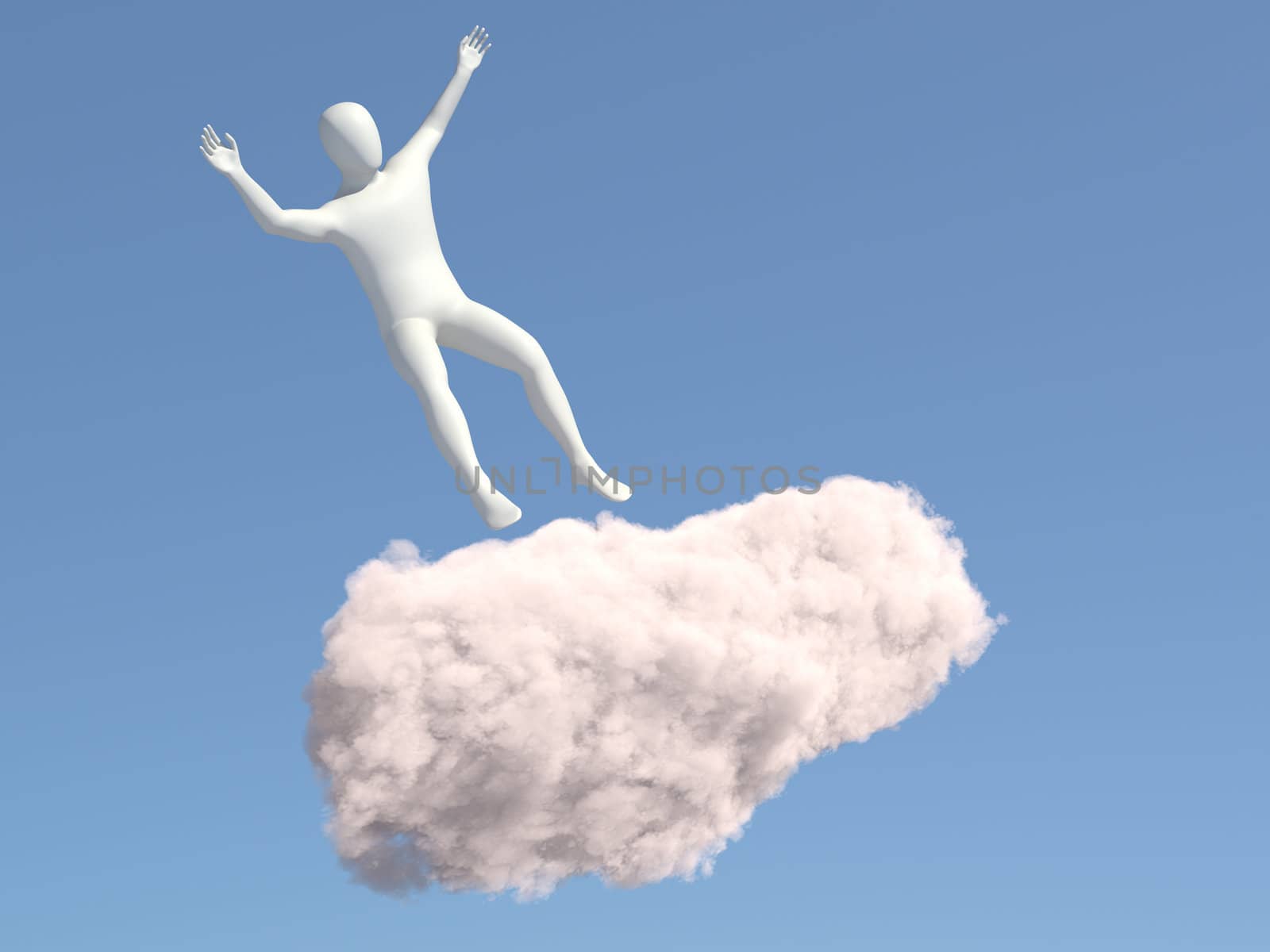 Abstract white man falls of the cloud in the sky