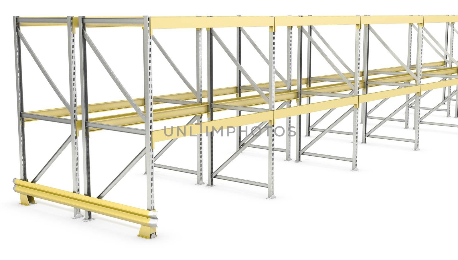 Row of double sided pallet racks, isolated on white background