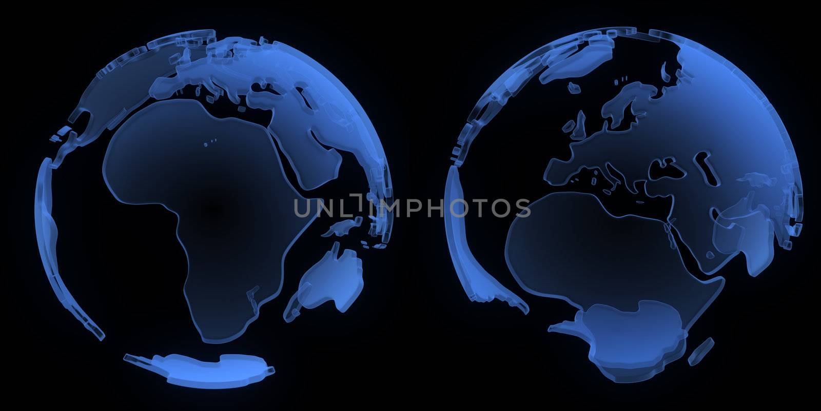 X ray globe, Europe and Africa, isolated on black