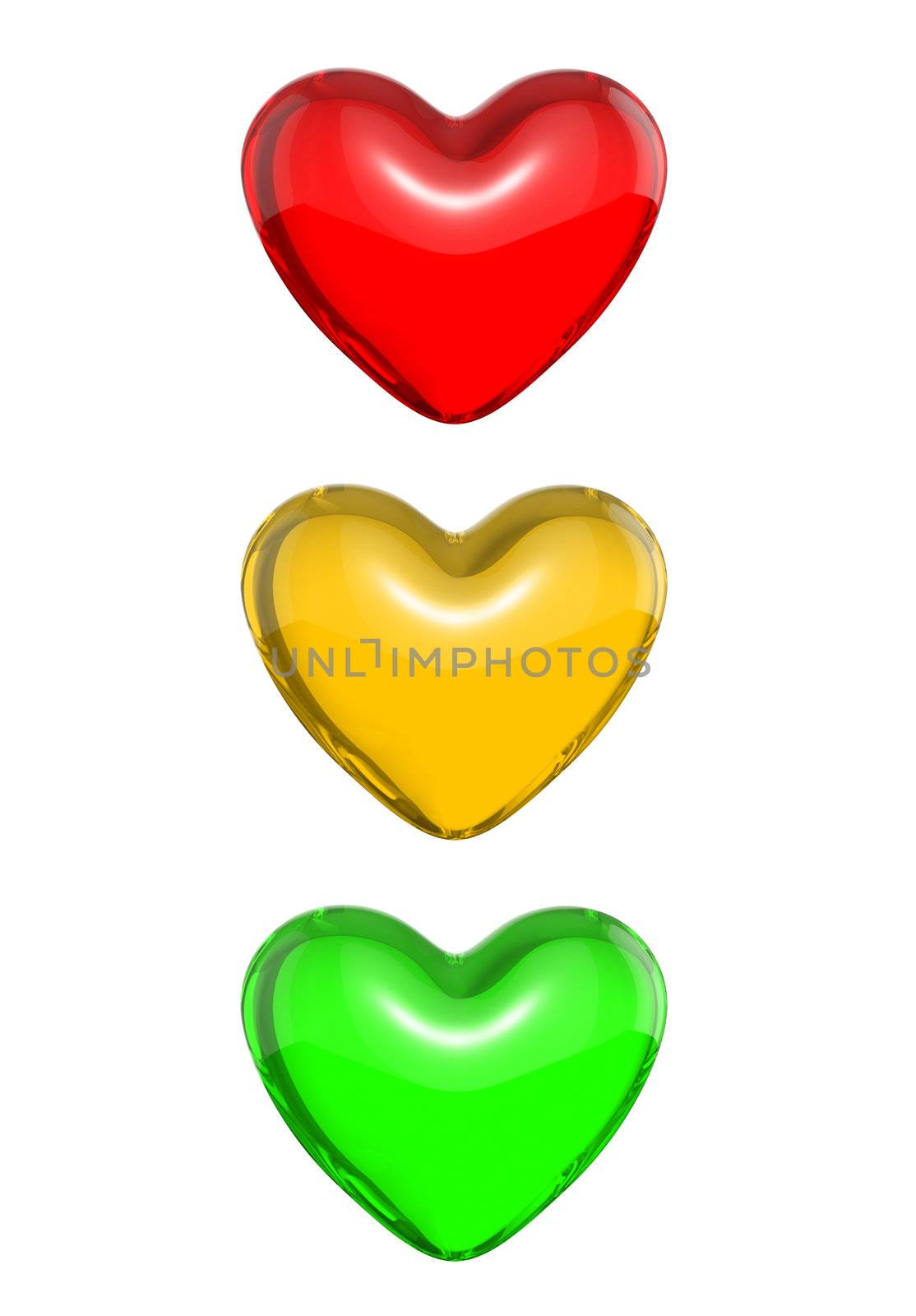 Red candy heart colored as traffic light, isolated on white background