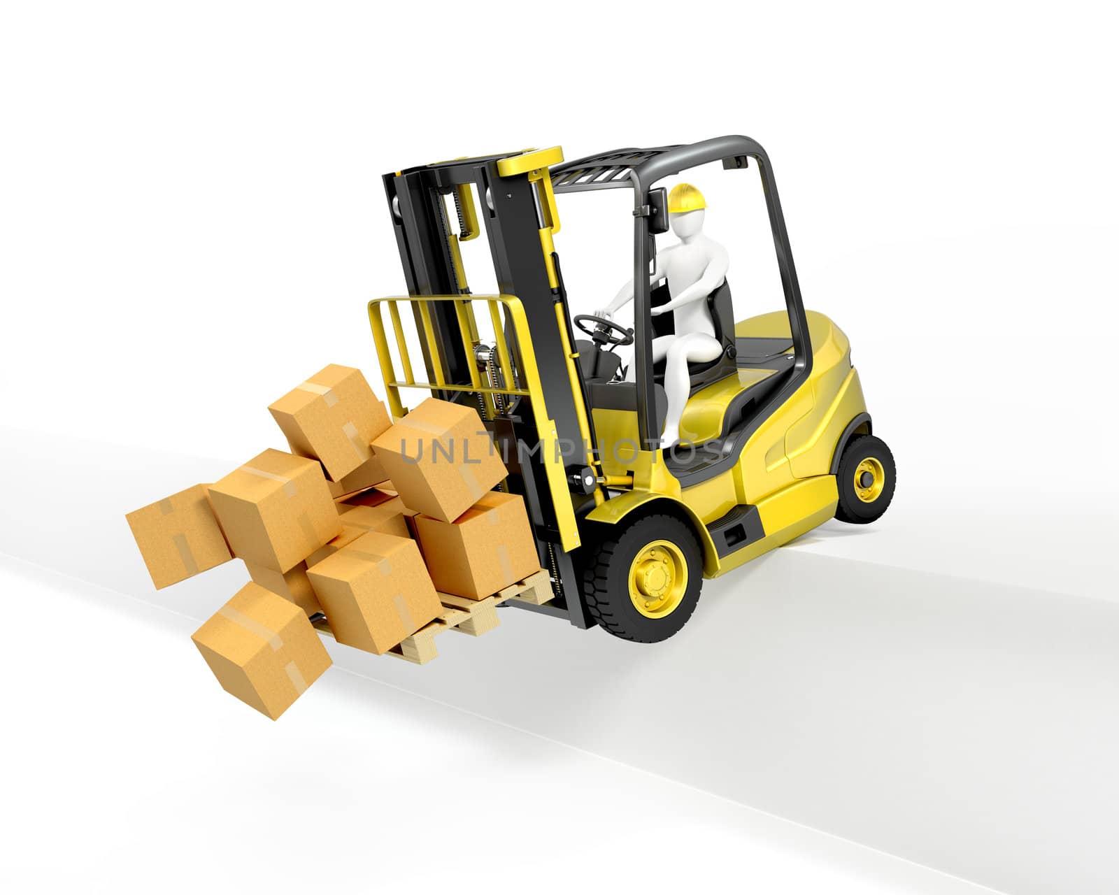 Fork lift truck falling from loading dock, isolated on white background