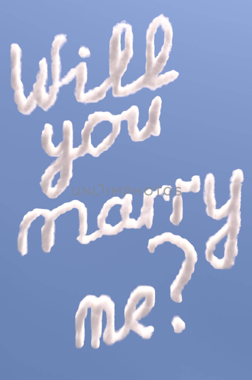 Will you marry me text in sky, isolated on blue