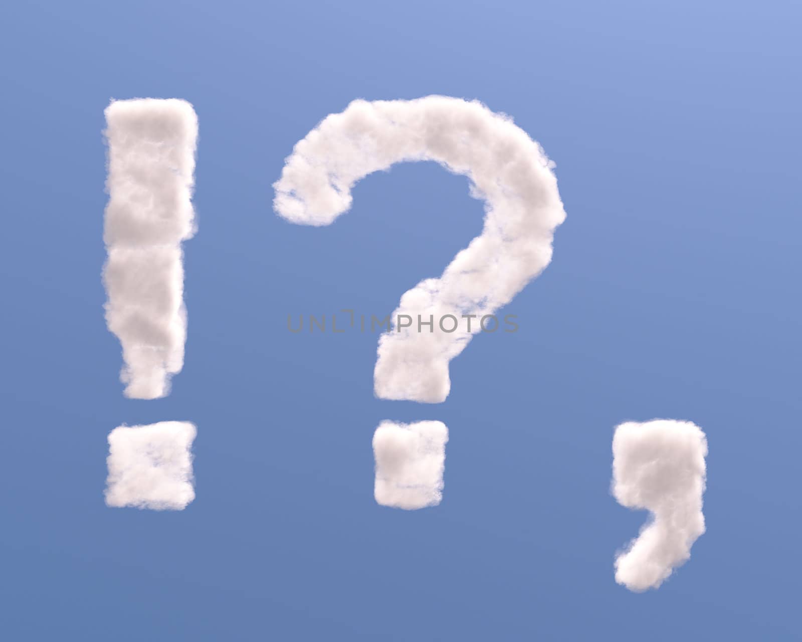 Question, exclamation and comma shape clouds, isolated on white background