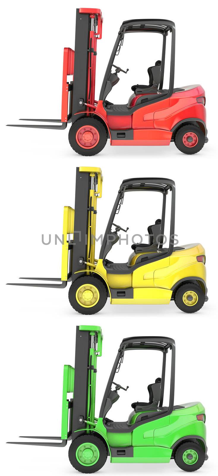 Three fork lift trucks colored as traffic lights, isolated on white background