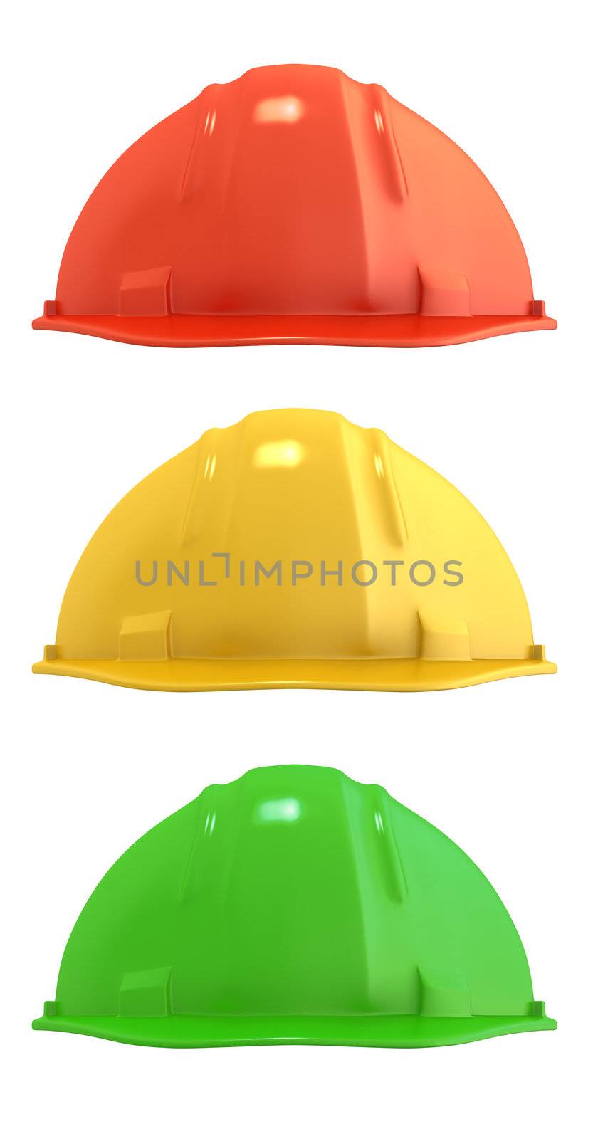 Three construction helmets colored as traffic light by Zelfit