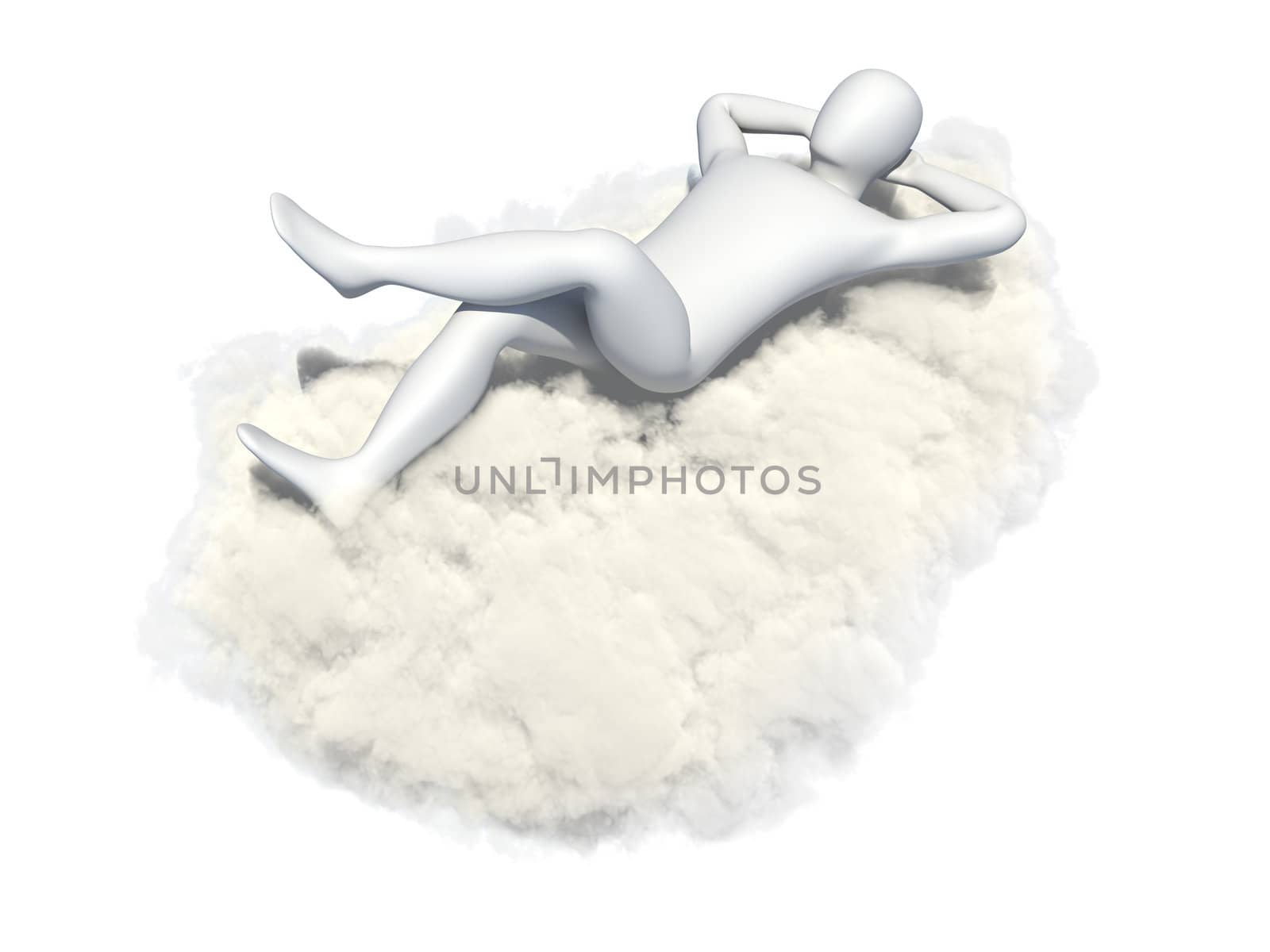 Abstract white man relaxing on a cloud isolated on white background