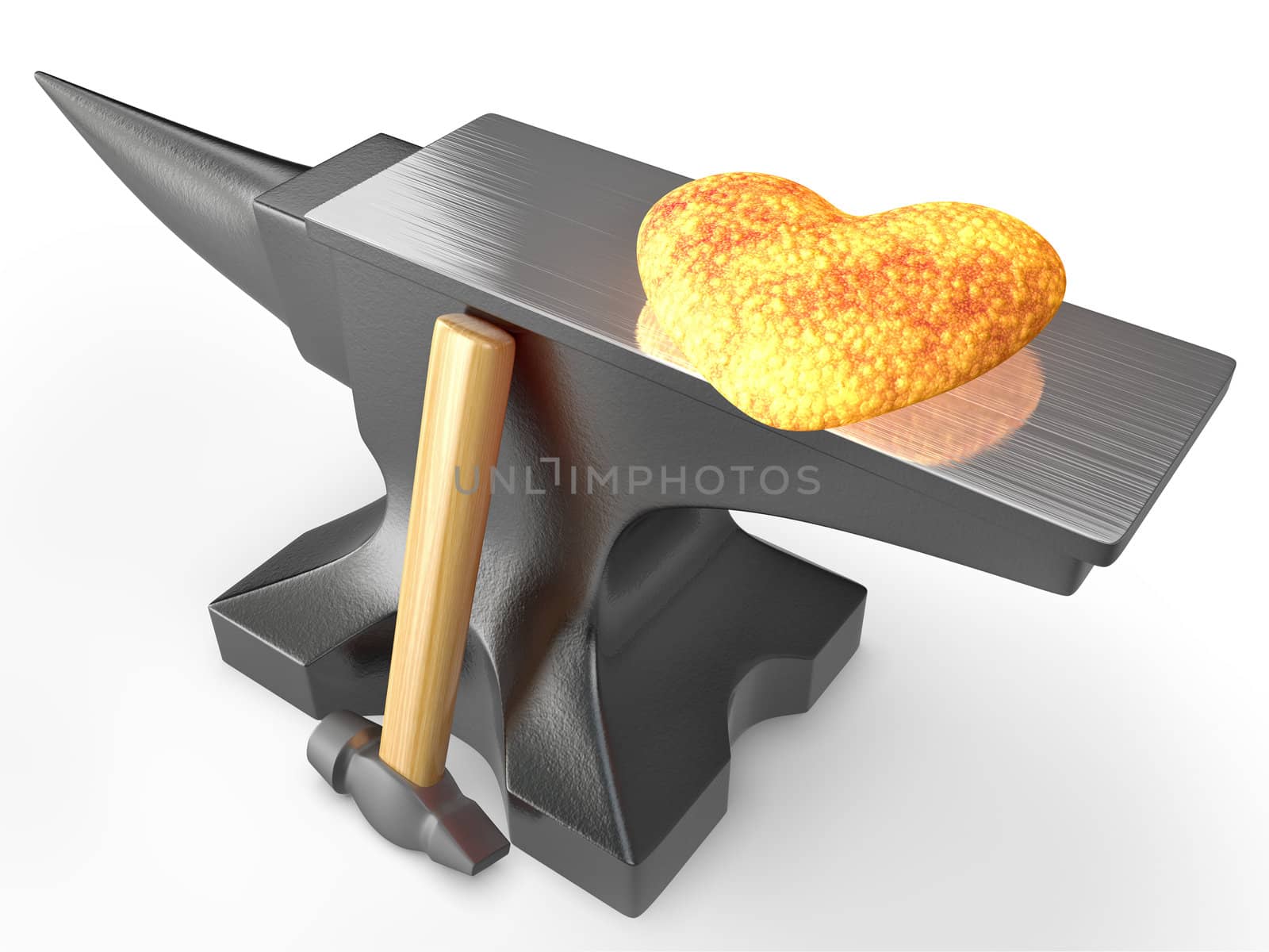 Red hot metal heart on an anvil isolated on white background
