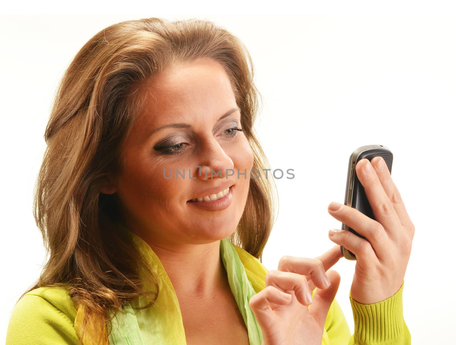 Young woman using smartphone isolated on white background