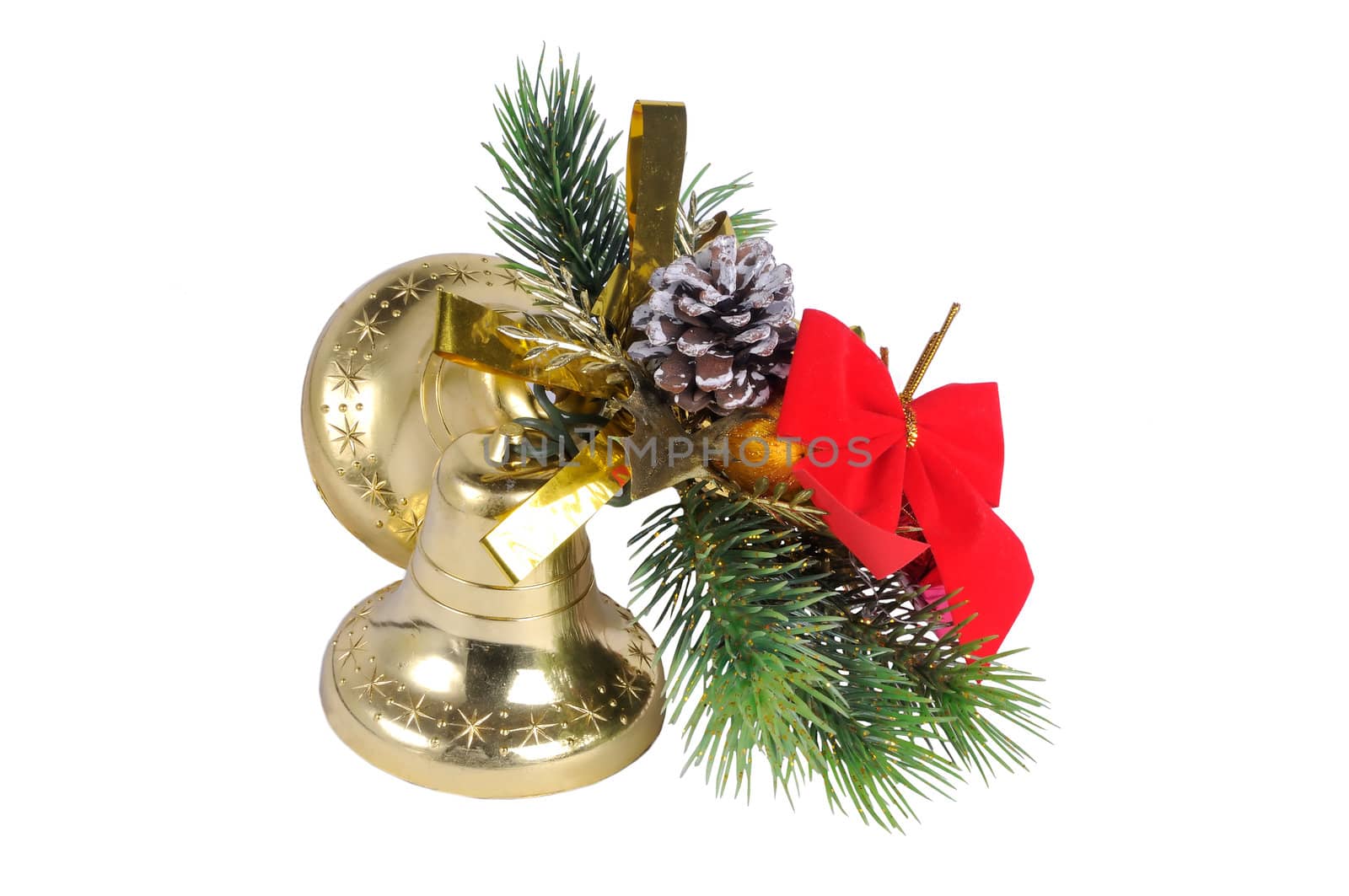 Golden Christmas bells on a pine branch with red ribbon