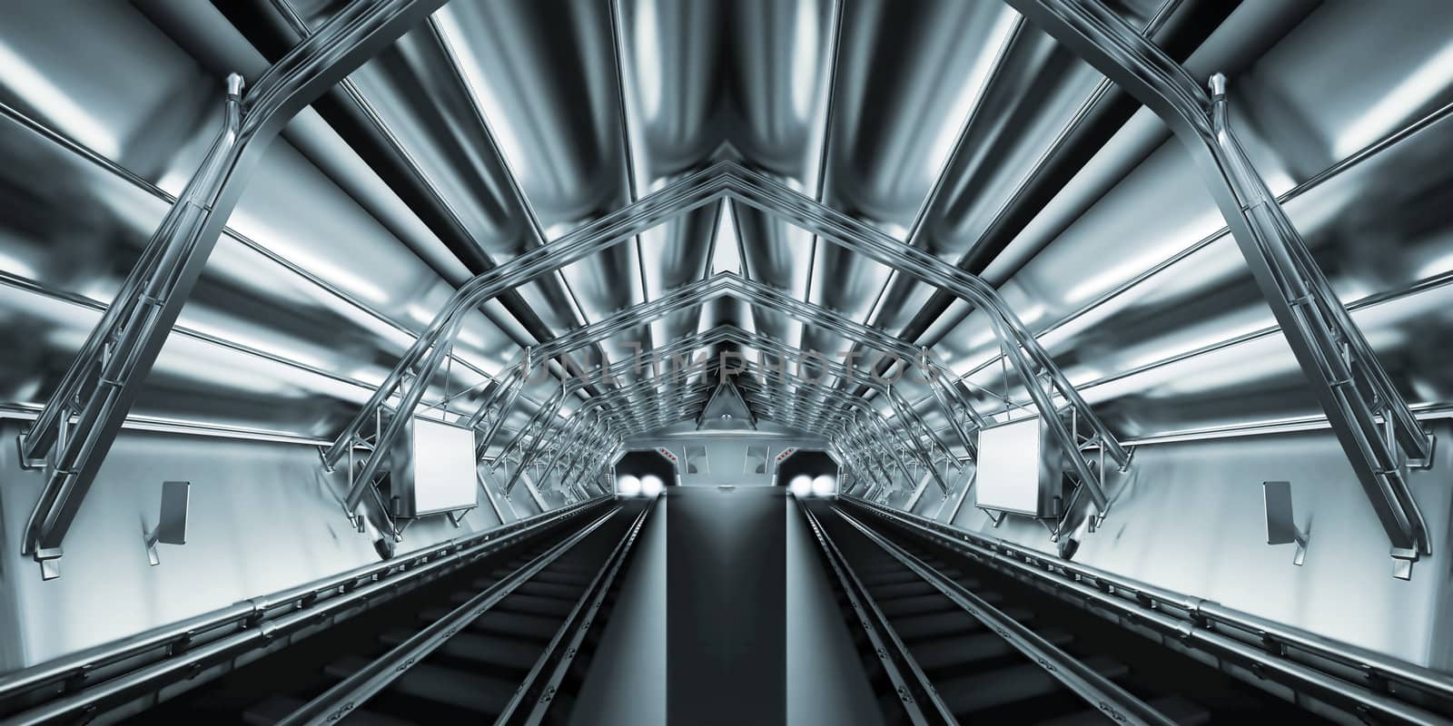 empty subway station with the lights of the arriving train
