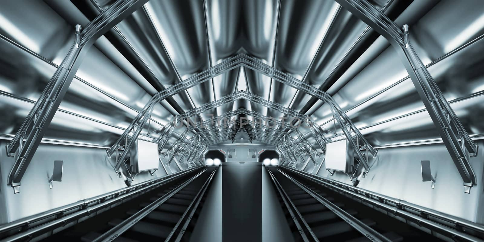 empty subway station with the lights of the arriving train