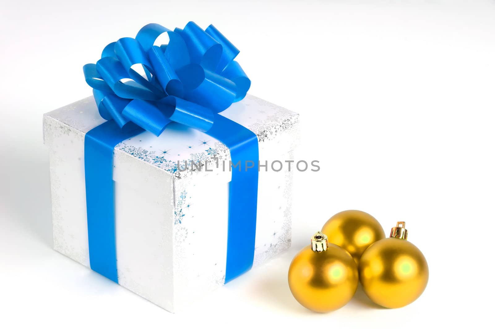 New year gift box isolated on white with Christmas balls, blue and golden