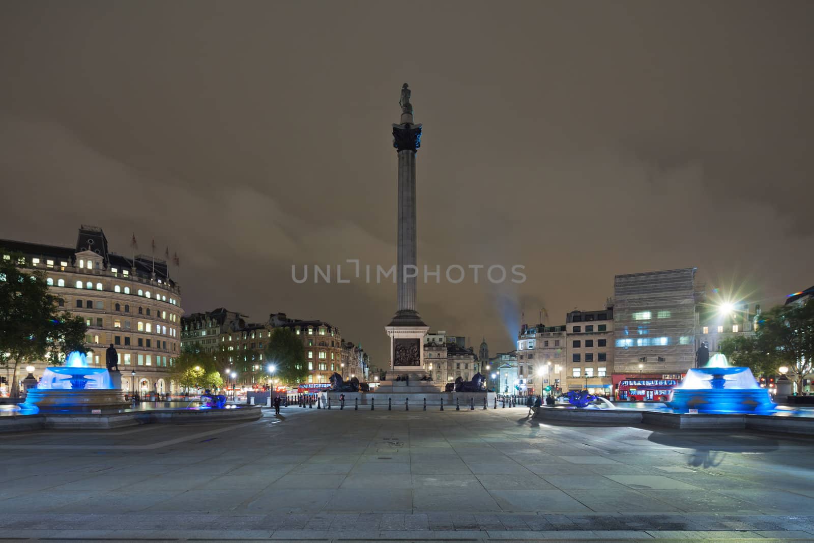 Trafalgar Square is a public space and tourist attraction in central London. Photograph shooting at night with a tripod and the tilt-shift lens, vertical lines of architecture preserved