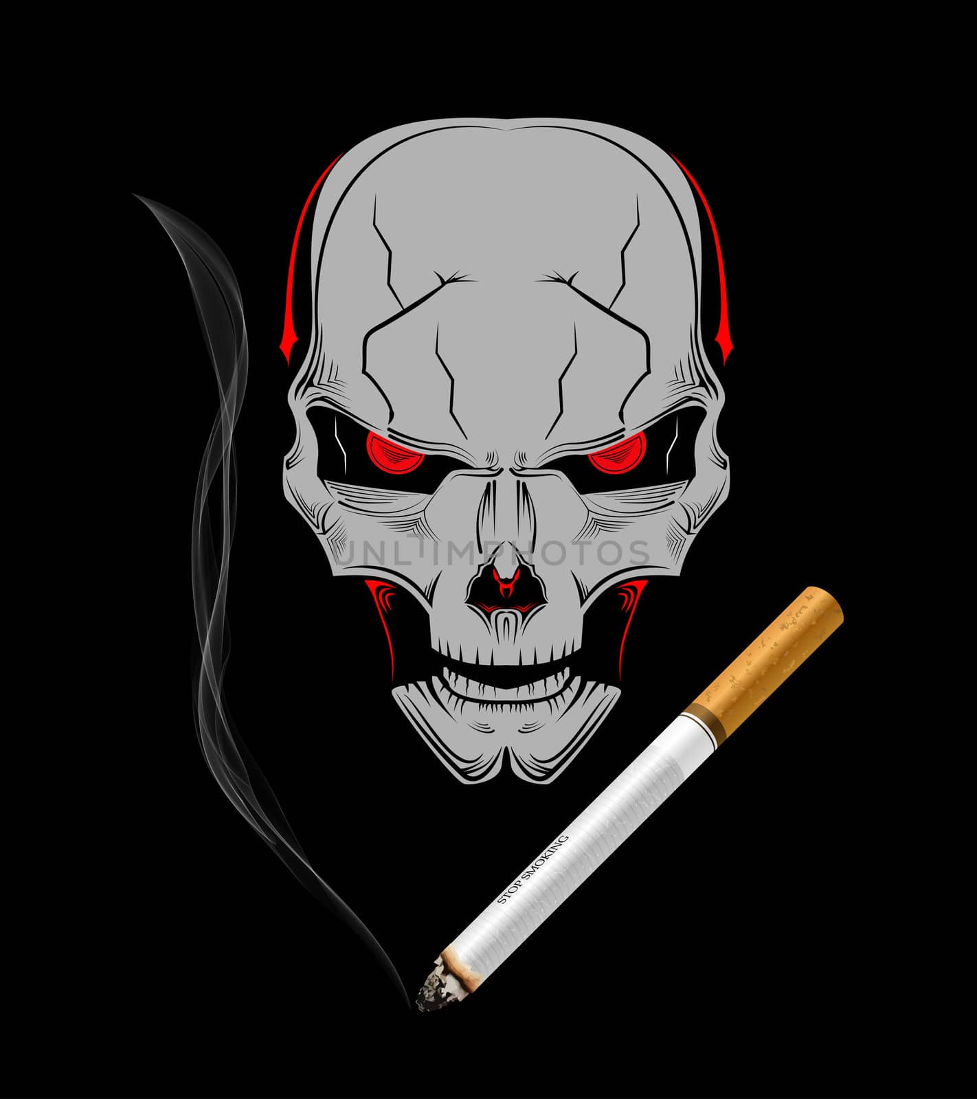 Stop smoking illustration. A realistic cigarette with a Devil's skull over it.