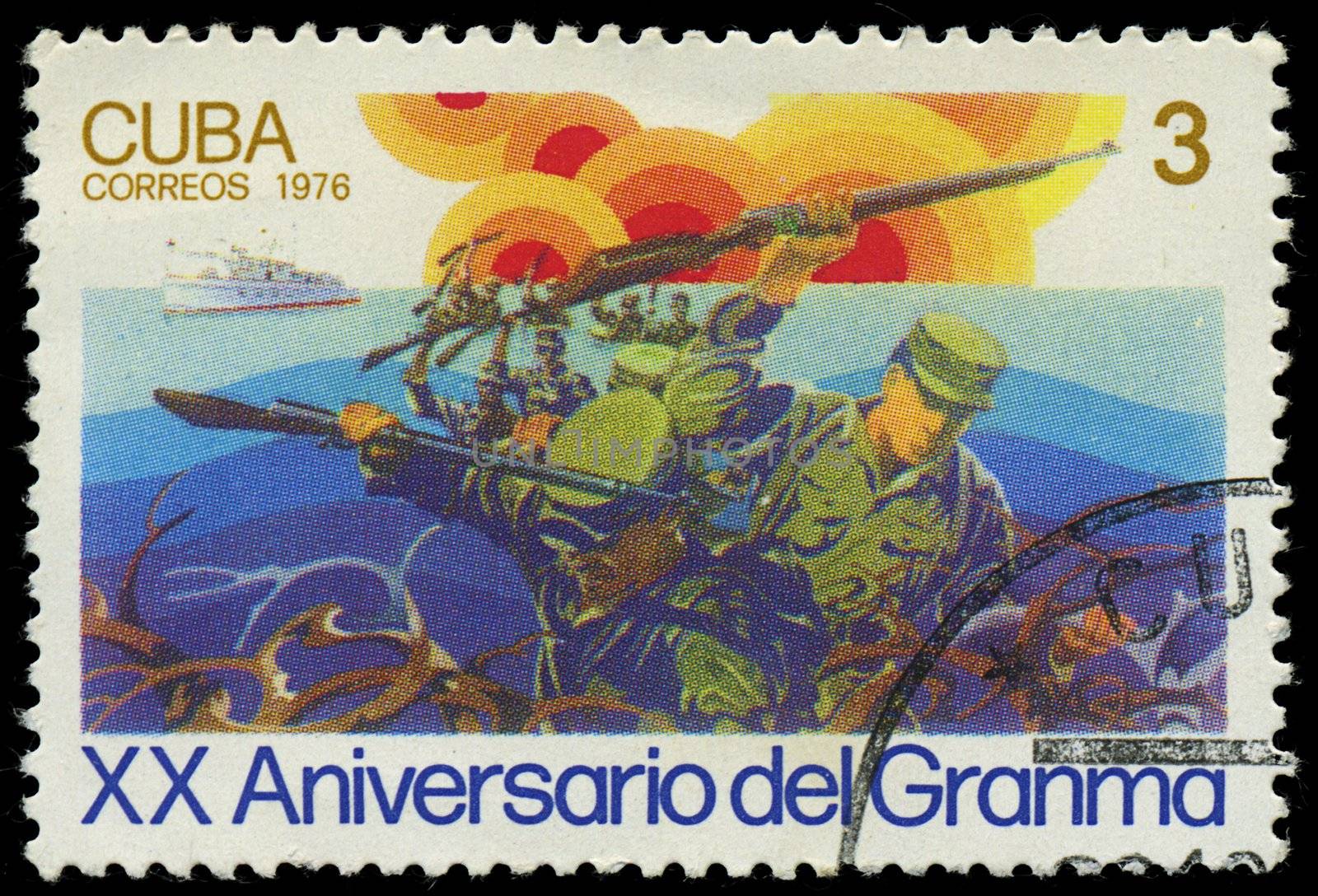 CUBA - CIRCA 1976: stamp printed in Cuba shows soldiers and boat, devoted to the 20 aniversario del granma, circa 1976 by Zhukow