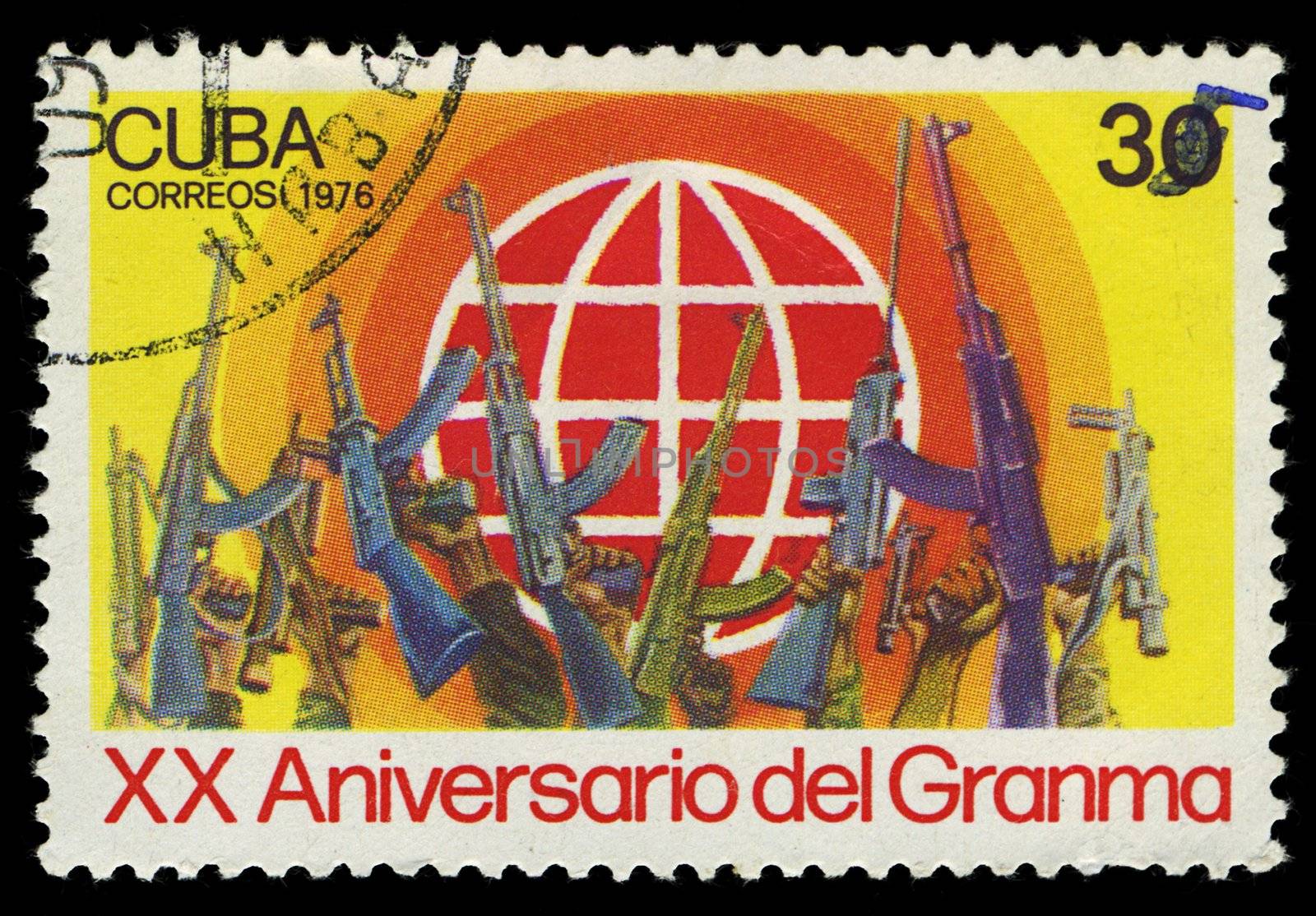 CUBA - CIRCA 1976: stamp printed in Cuba shows soldiers raised up weapons, devoted to the 20 aniversario del granma, circa 1976 by Zhukow