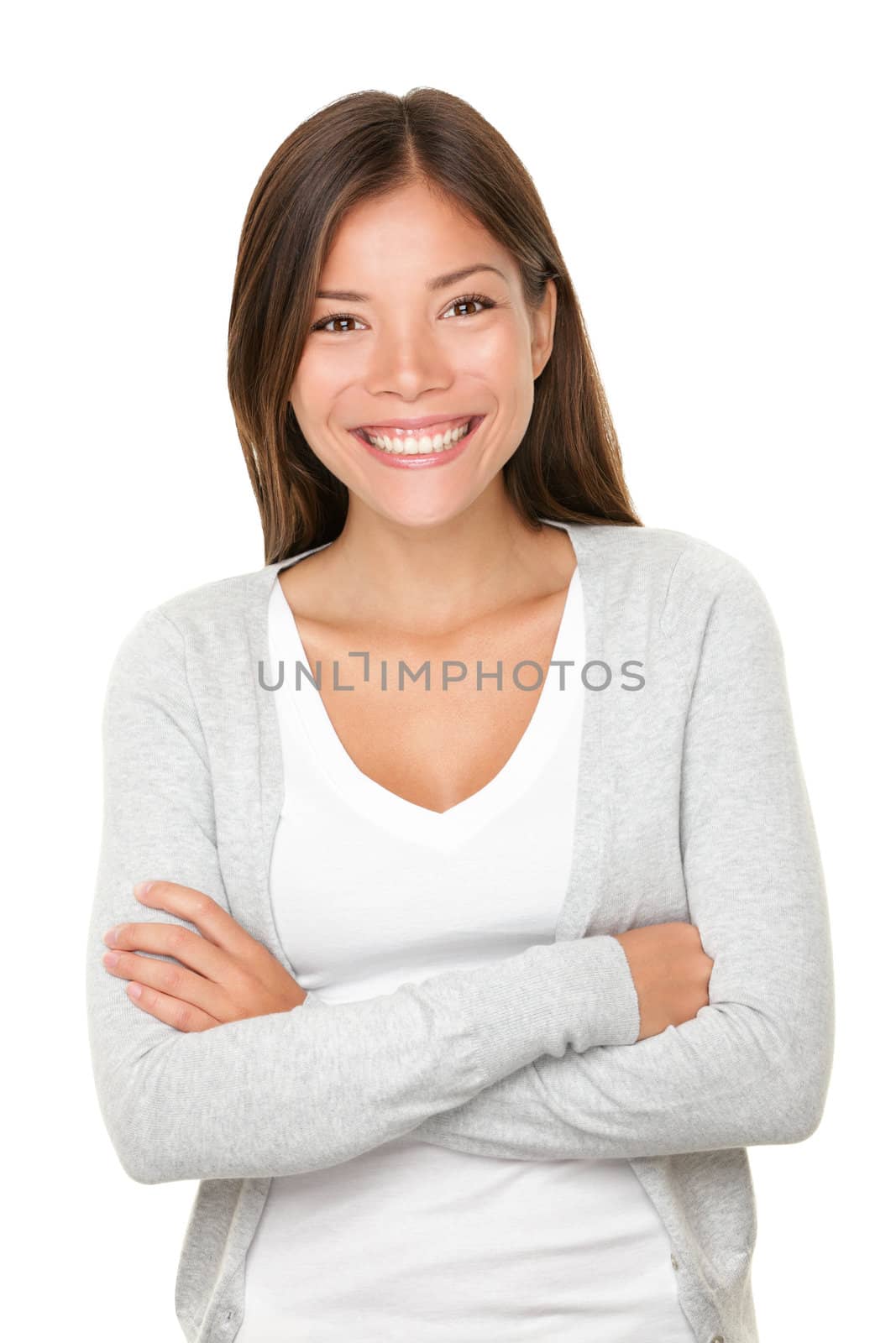 Beautiful smiling woman. Upper body portrait of a beautiful vivacious young woman of mixed Asian Caucasian descent with a beaming smile isolated on white