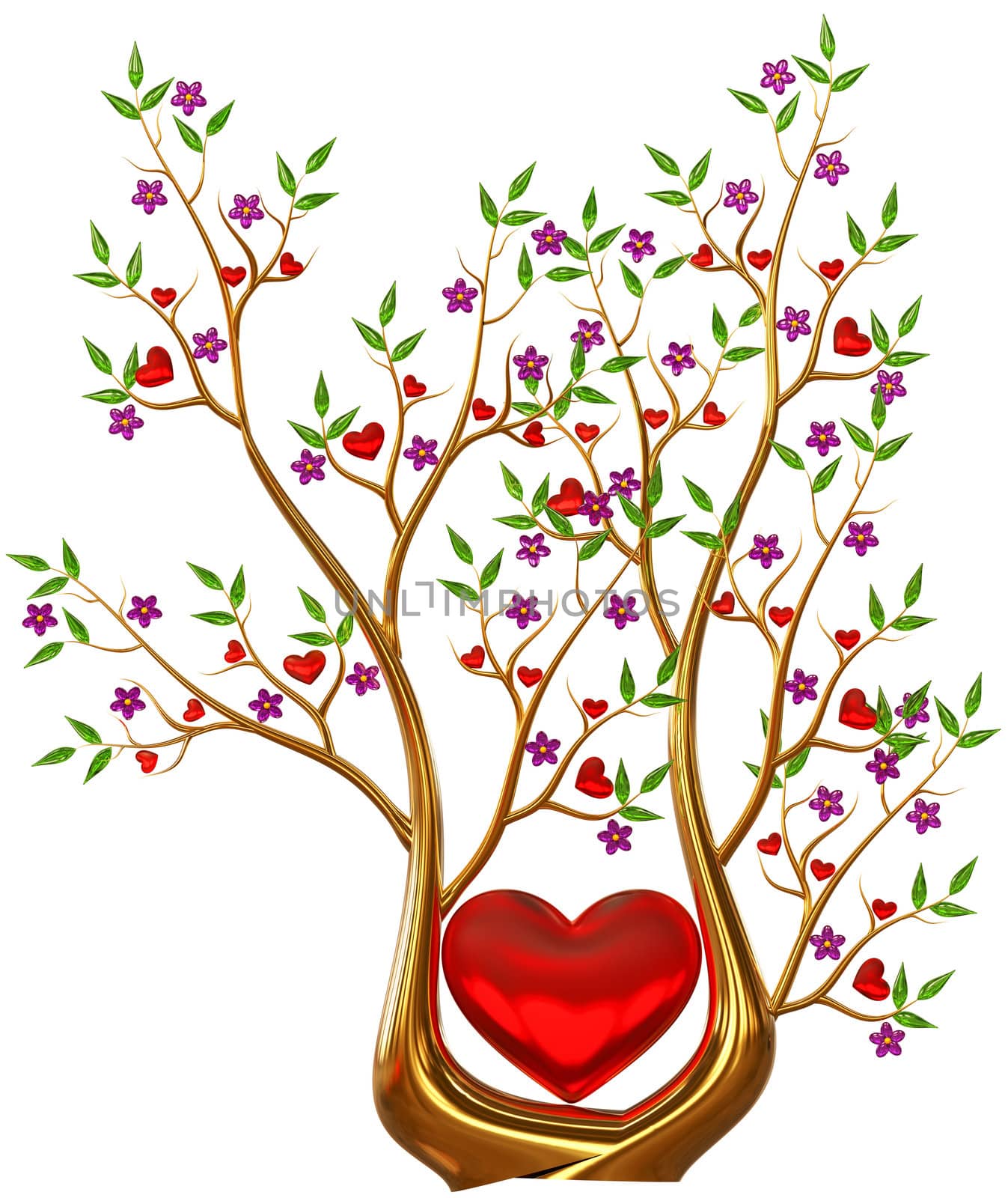 Beautiful golden tree with expensive ruby red hearts, green leafs and lilac flowers as jewelry