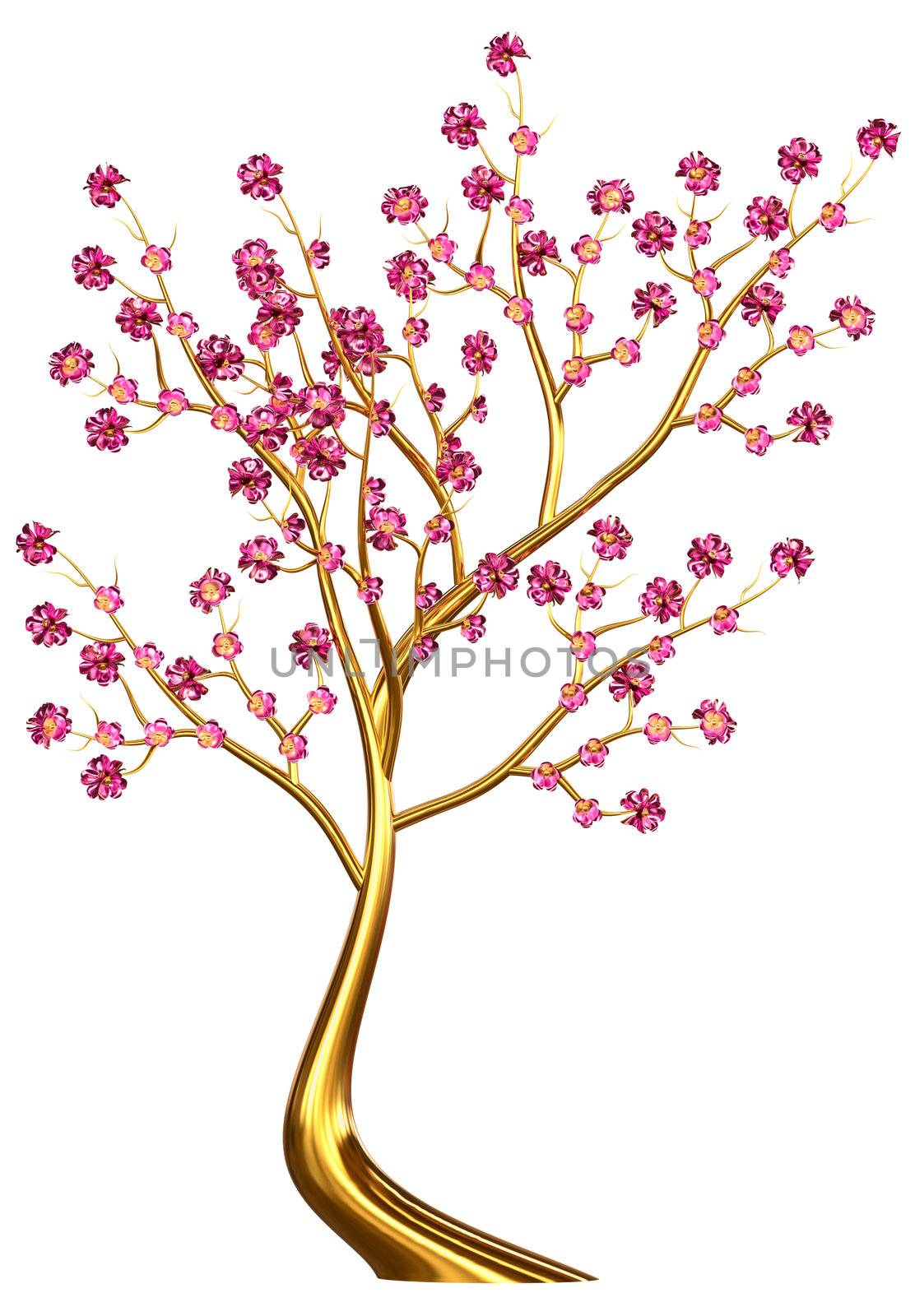 Beautiful golden tree with expensive lilac flowers as jewelry