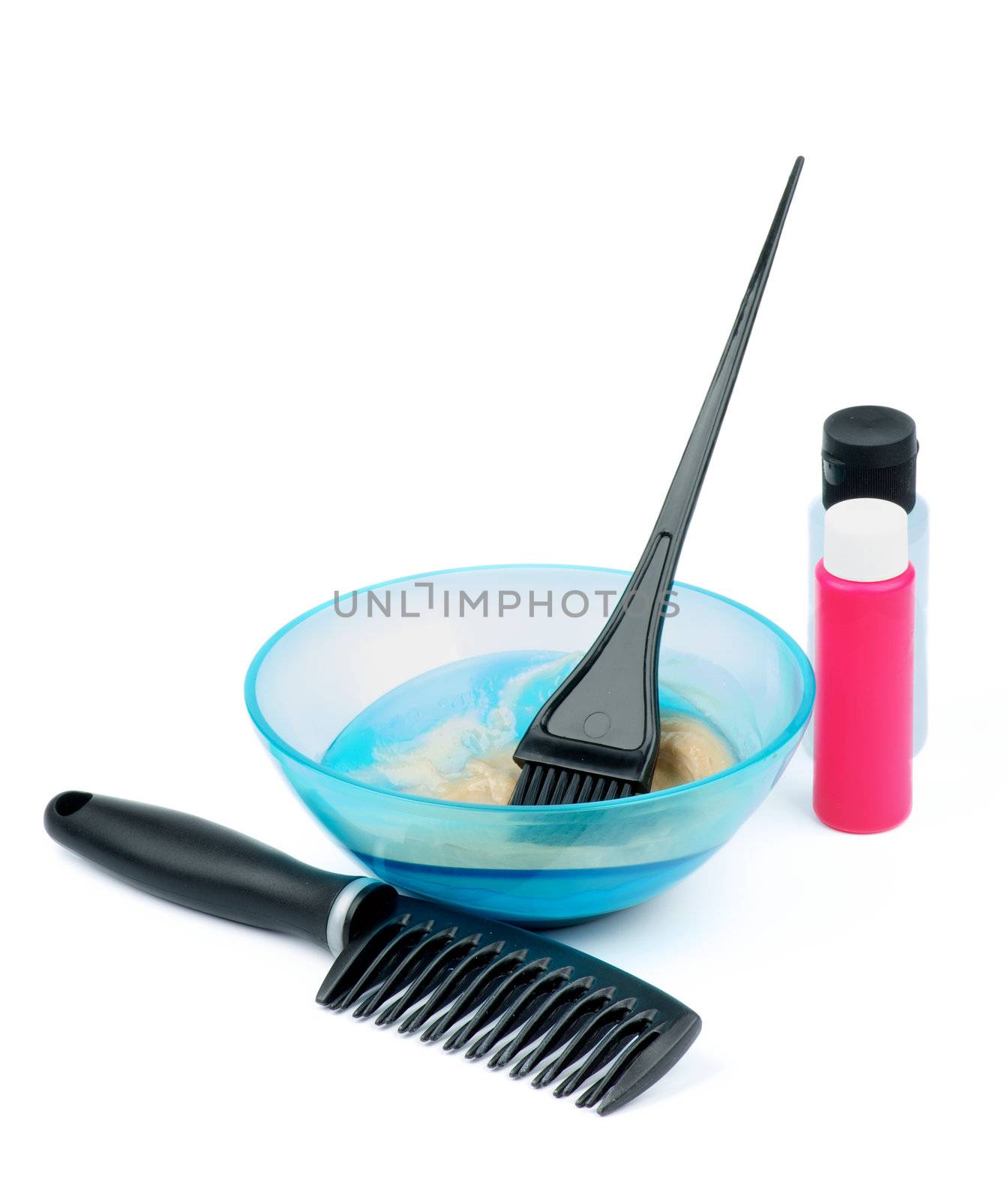 Hair Coloring Set with Hair Dye, Paintbrush, Hairbrush, Paint Containers isolated on white background