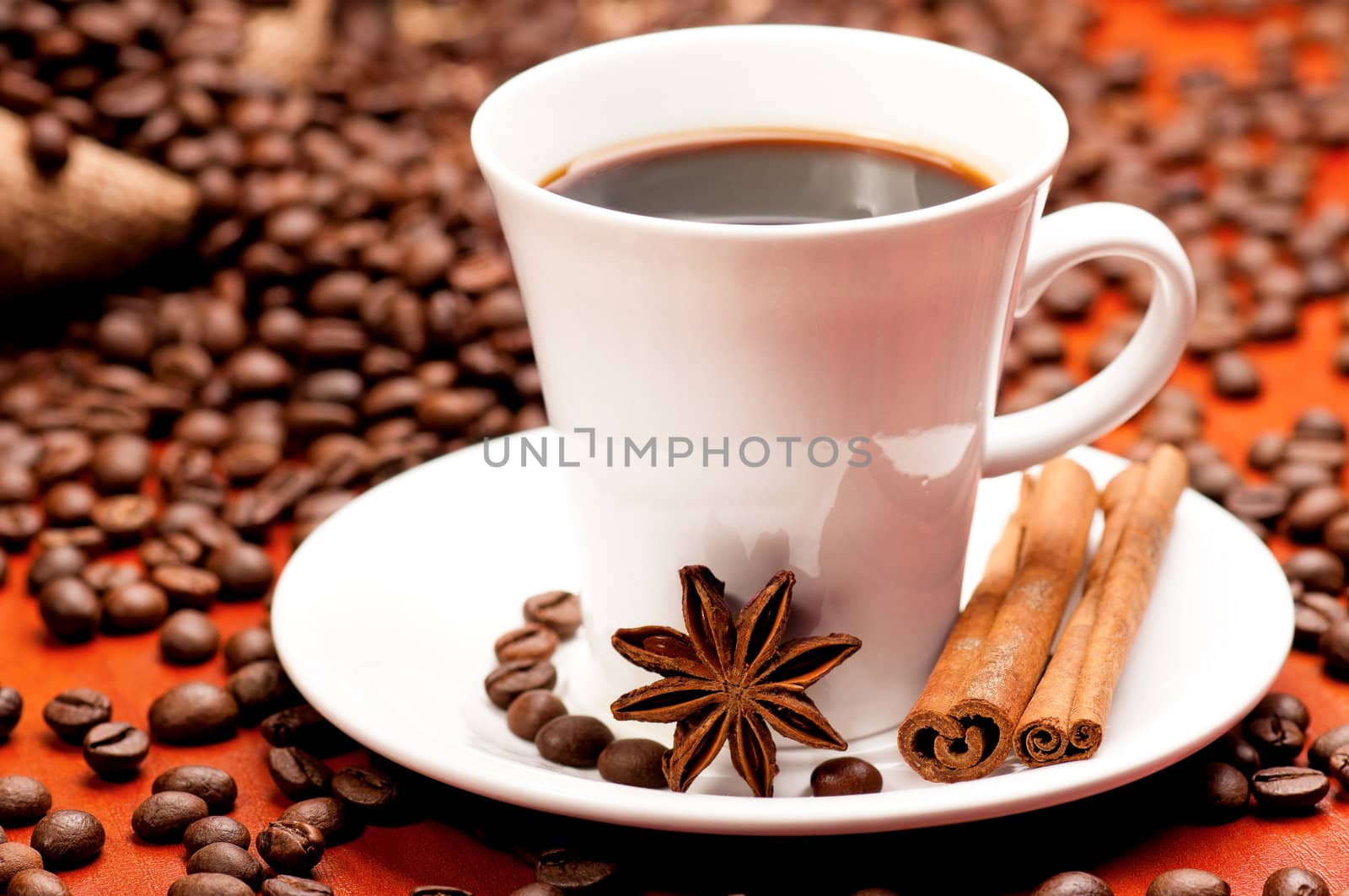 Small white coffee cup with saucer and spices