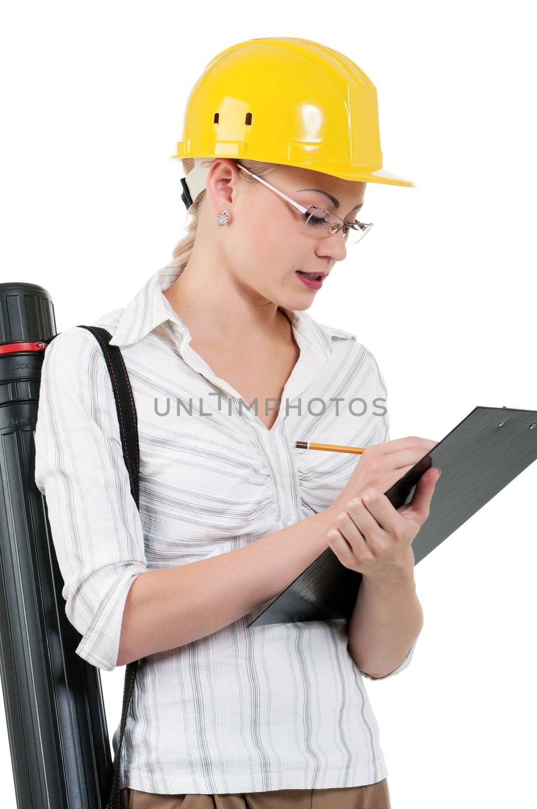 Portrait of attractive architect girl with hard hat - isolated on white background