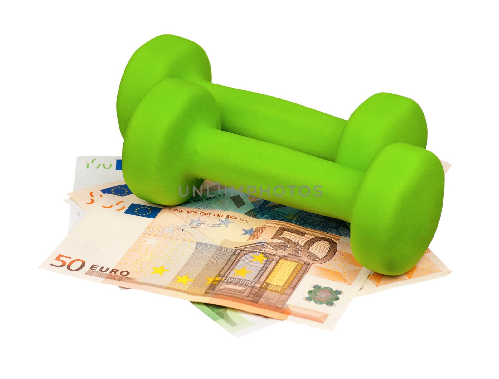Dumbbells on heap of euro isolated on a white background