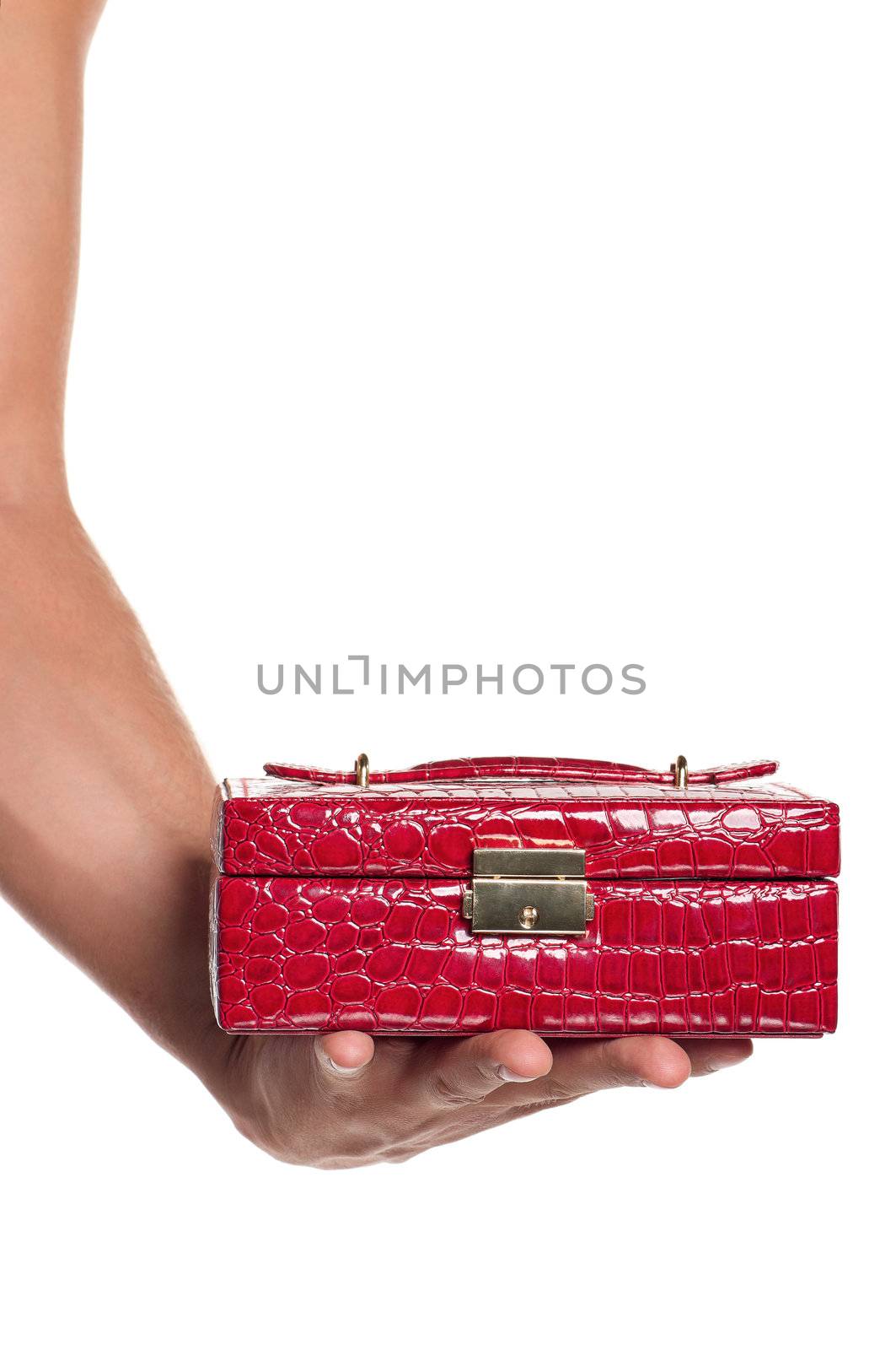 Man holding a red box isolated on white background