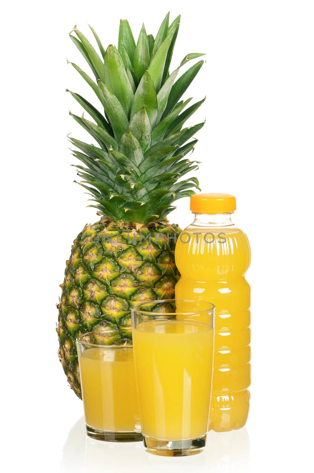 Fresh pineapple juice and ripe pineapple on white background