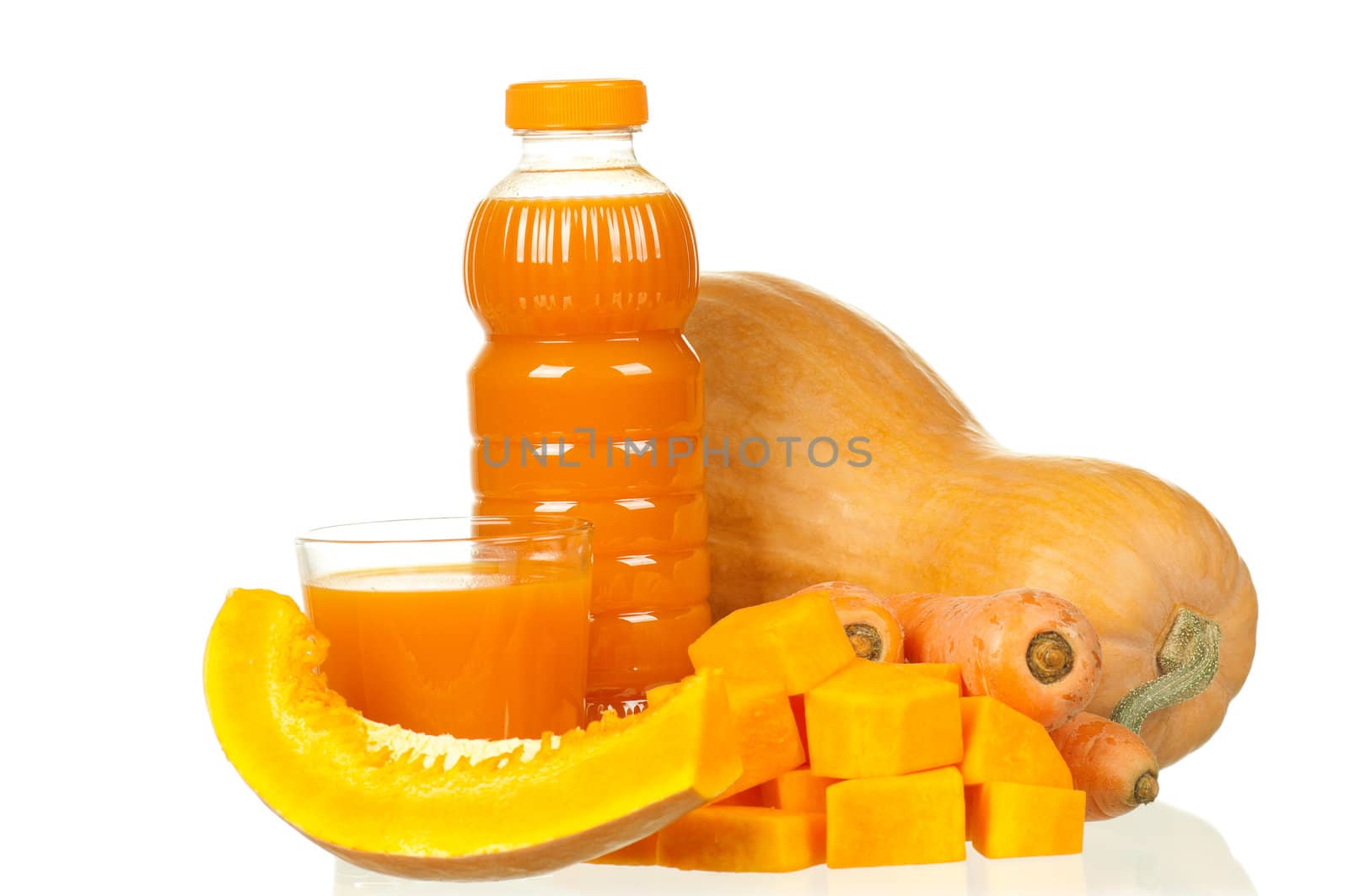 Fresh pumpkin juice isolated on white background