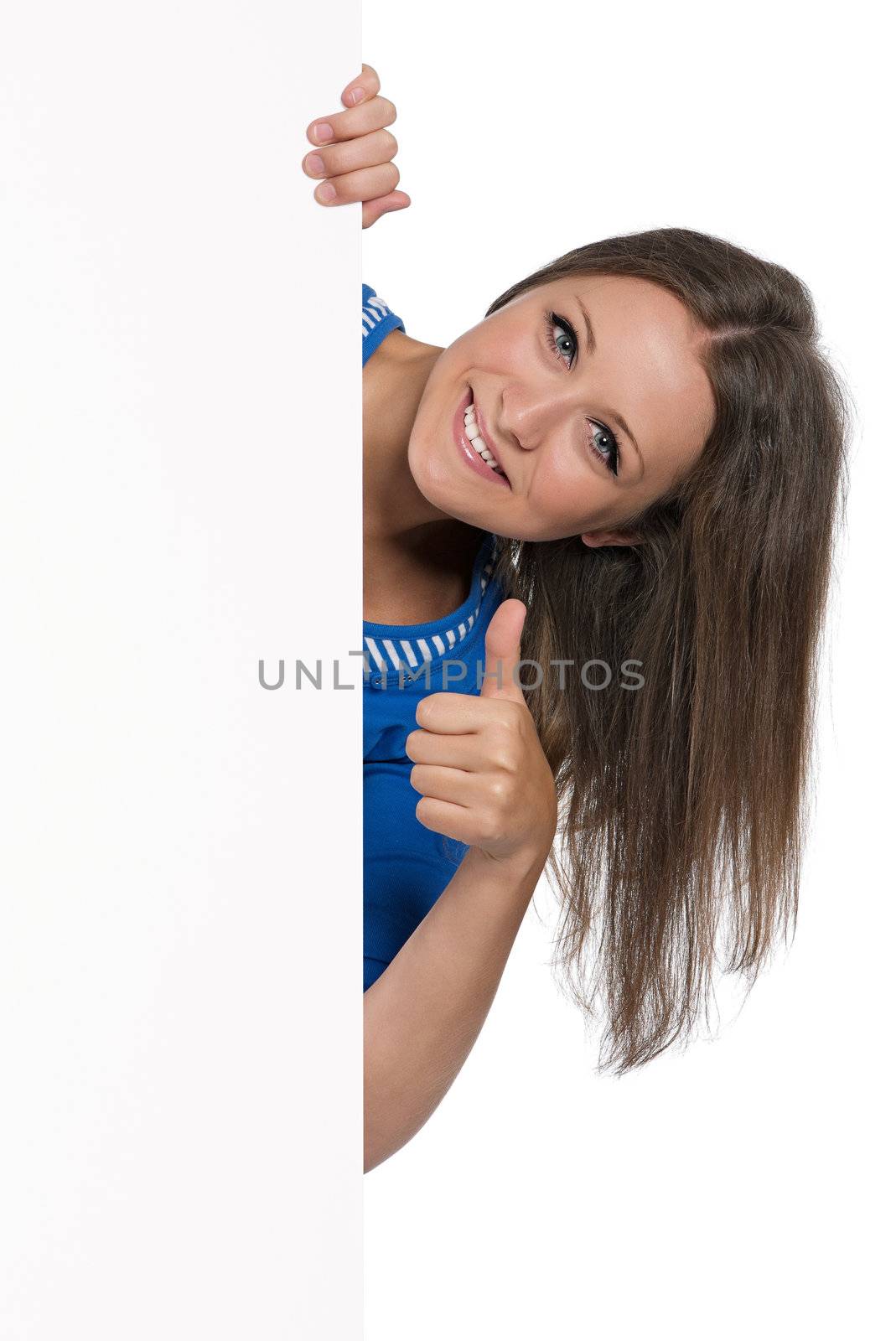 Beautiful teen girl with white blank isolated on white background