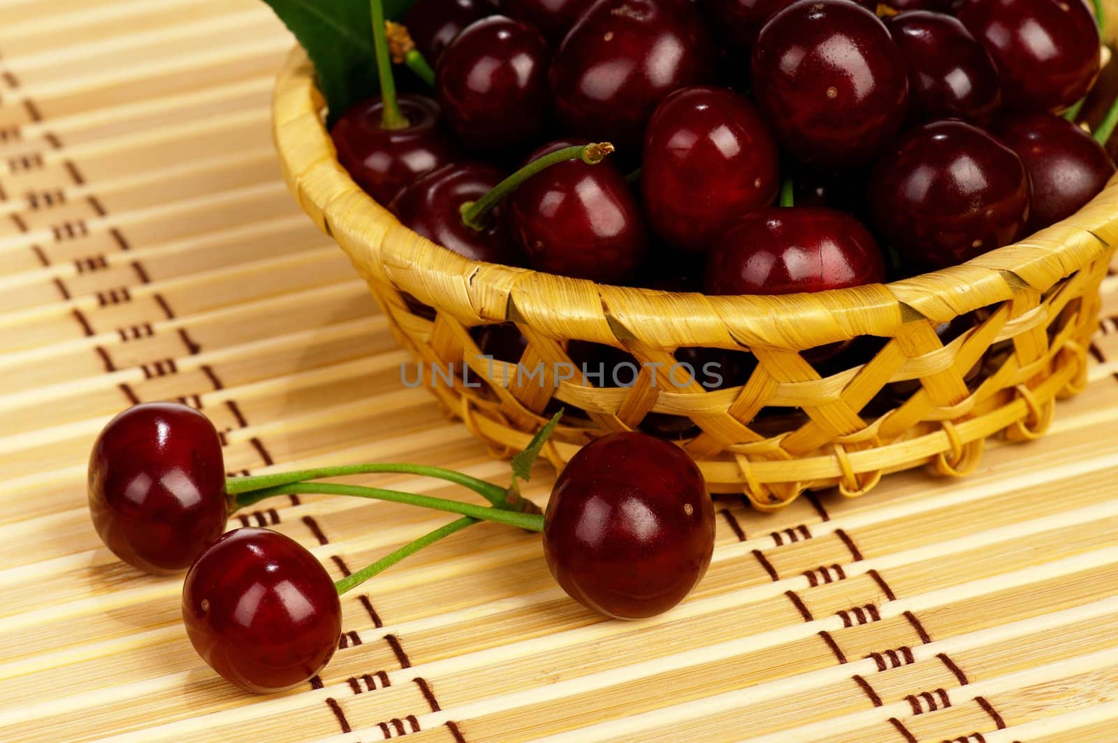 Sweet cherries in a basket on a white background