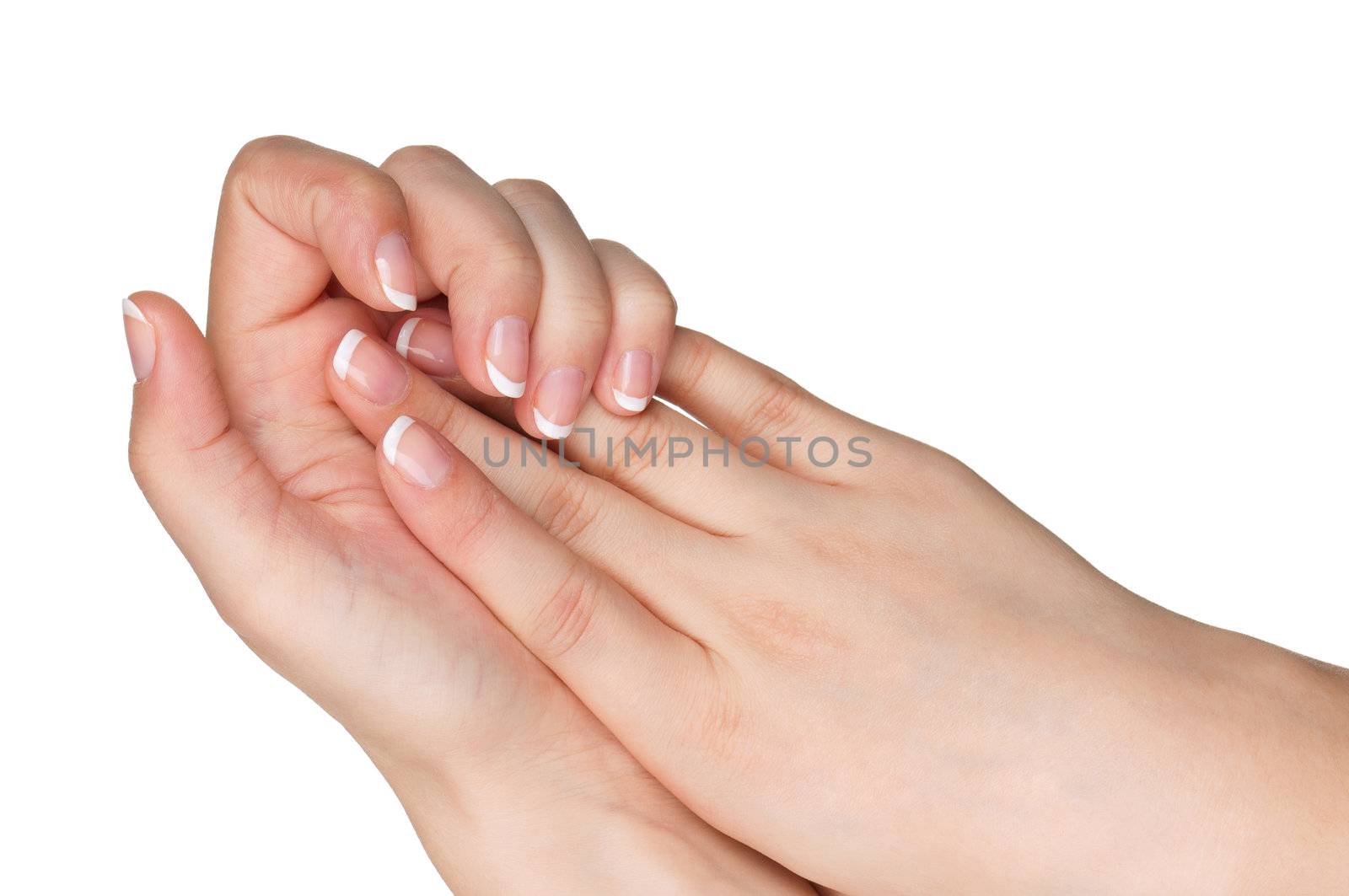 Woman hands with french manicure isolated on white background