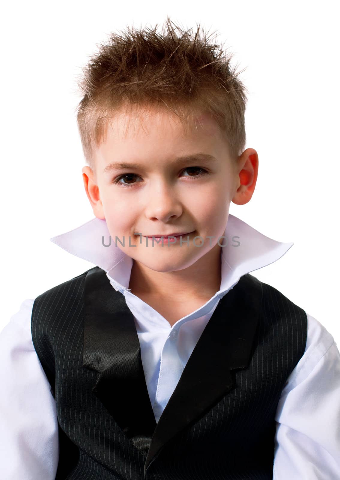 Cool little boy in a waistcoat isolated on white background