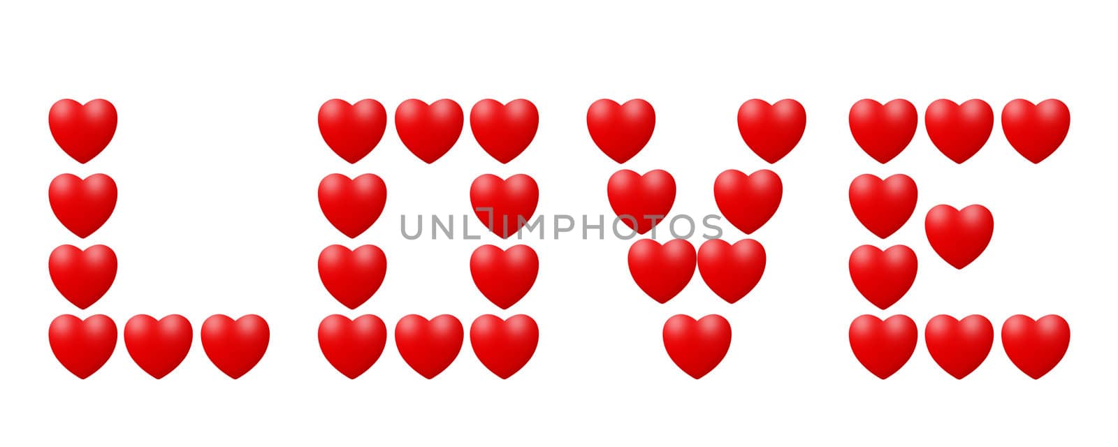 Word love made of hearts isolated on white background