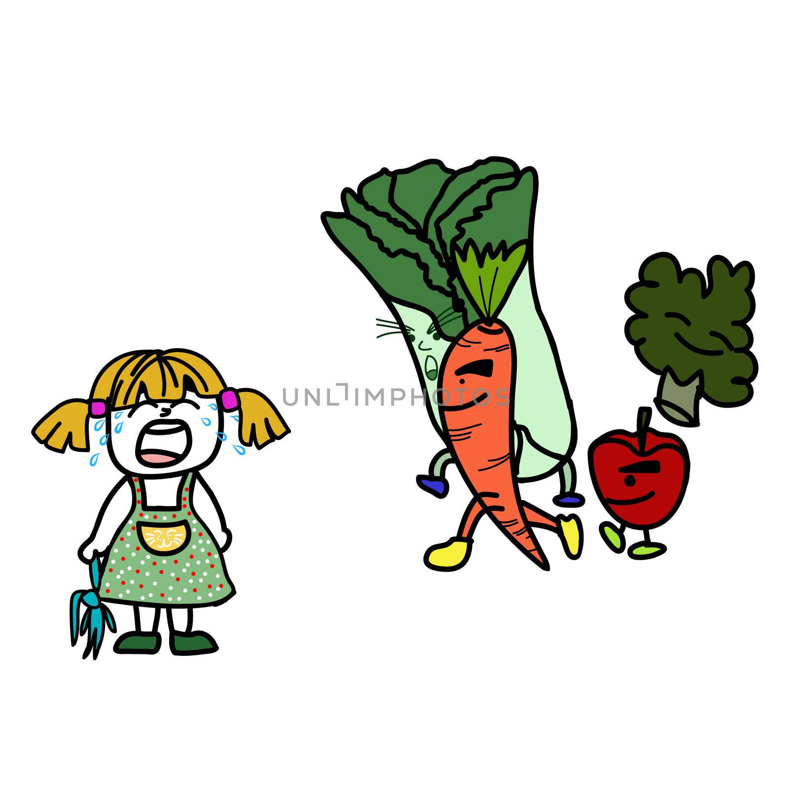 The little girl is crying because she does not to eat fruits and vegetables