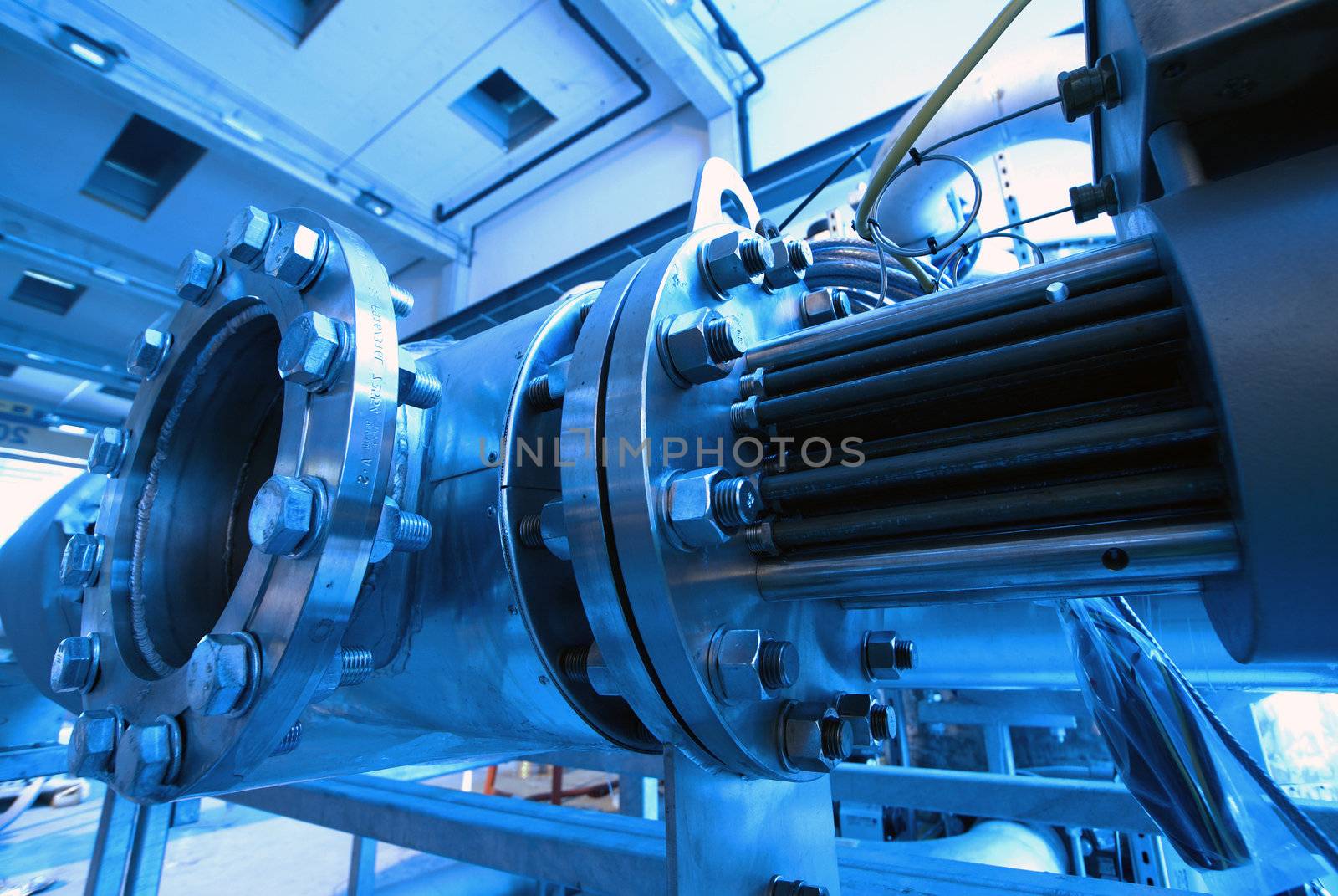 Industrial zone, Steel pipelines and cables in blue tones