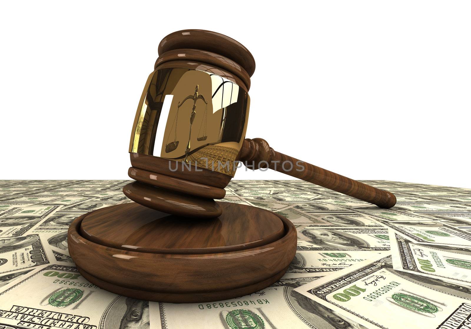 Judge's gavel standing on a dollars. Conceptual illustration