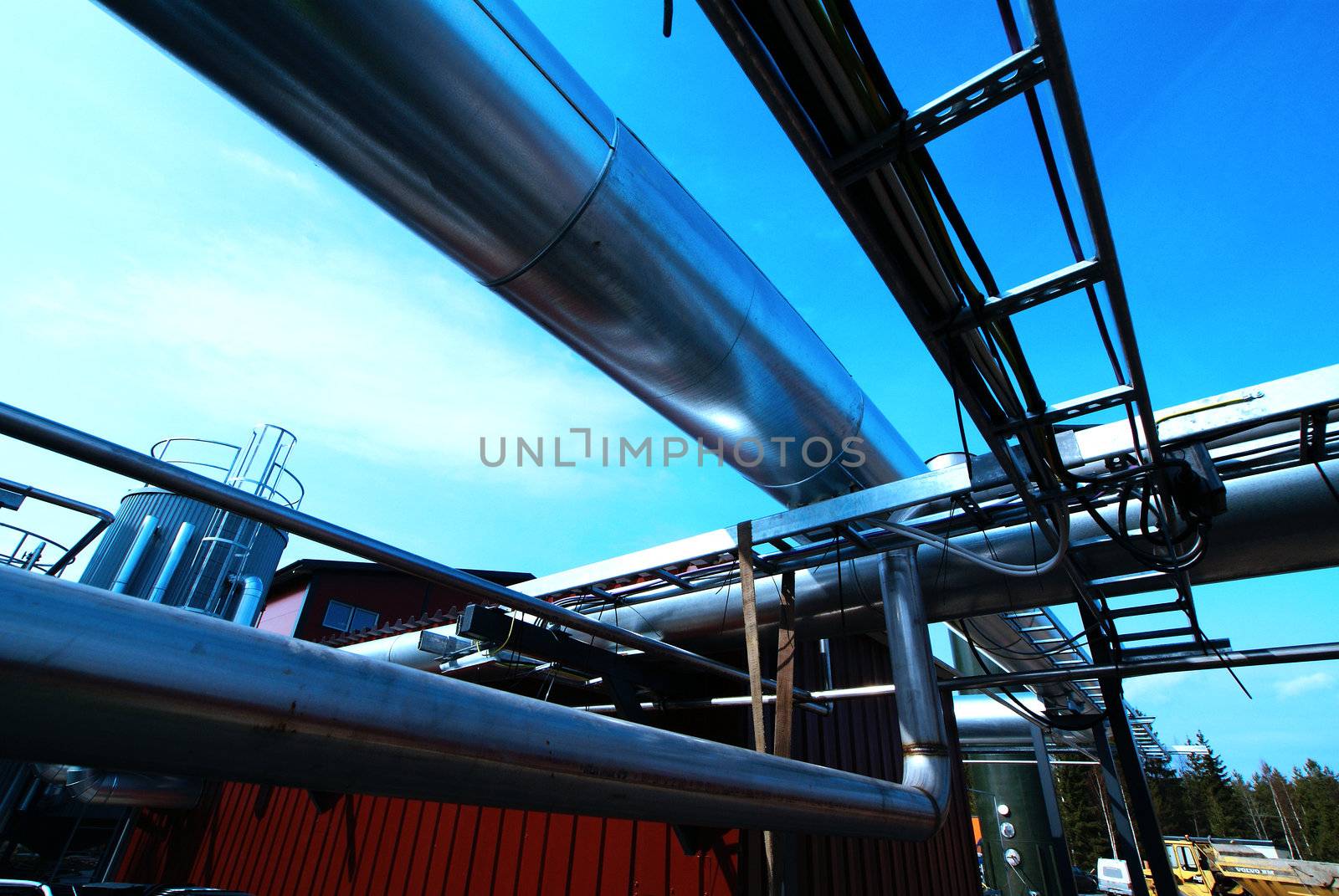 Industrial zone, Steel pipelines and cables in blue tones