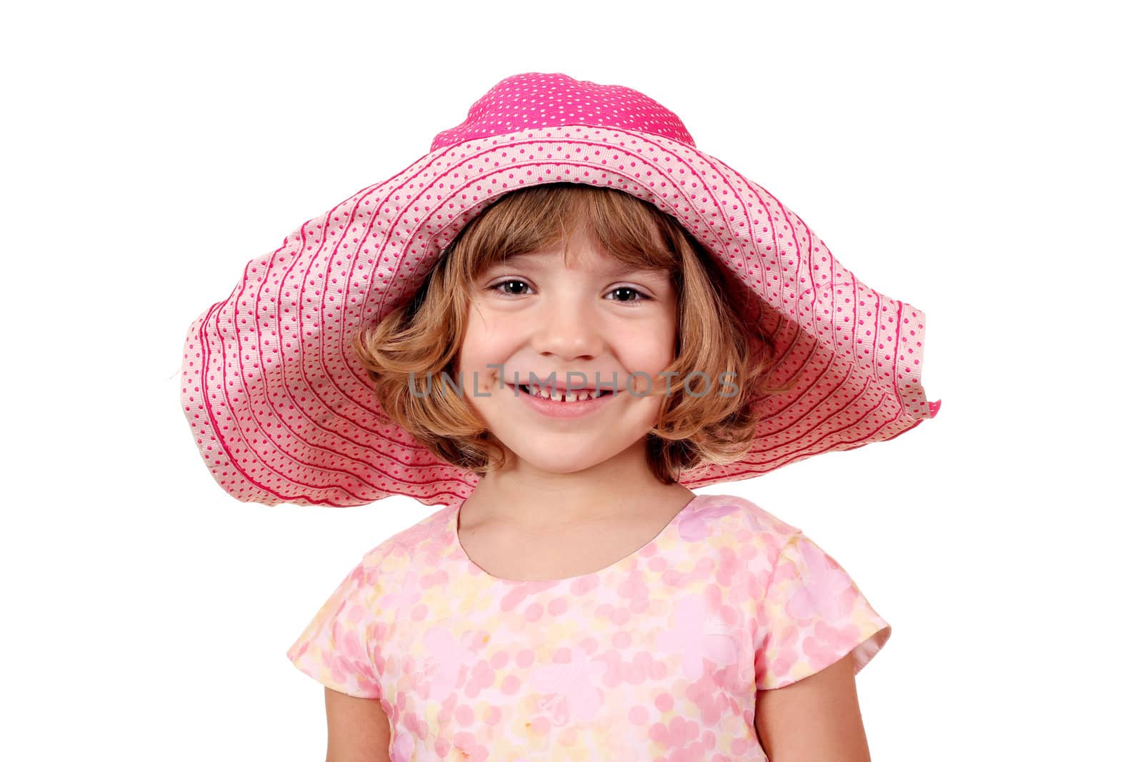 beautiful little girl with big hat portrait on white