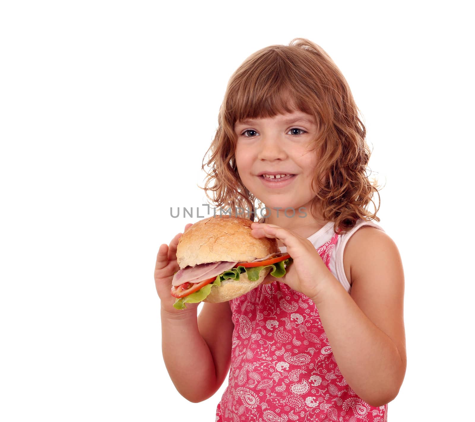 hungry little girl with big sandwich on white 