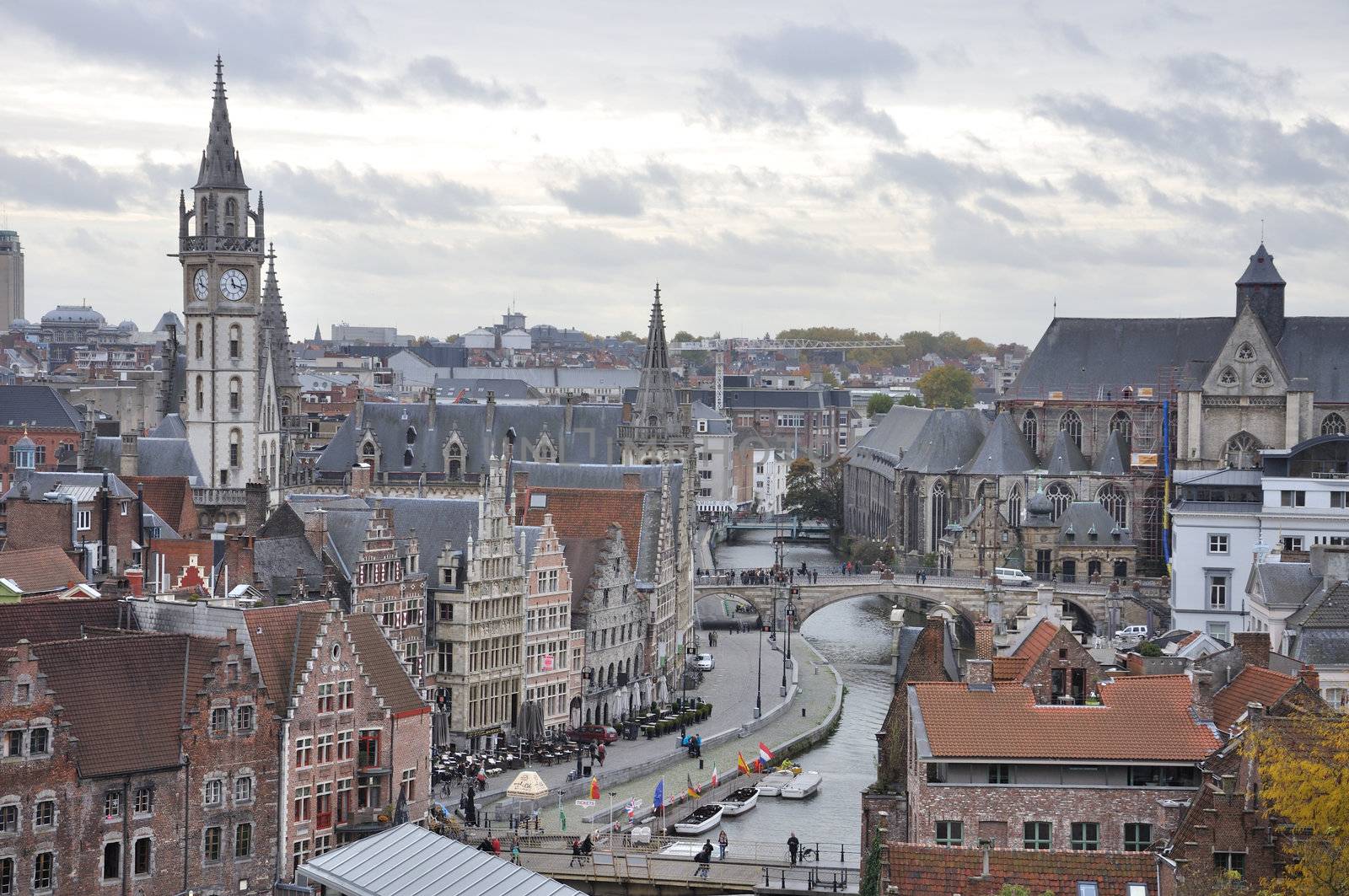 Medieval city of Gent (Ghent) aerial view, Belgium