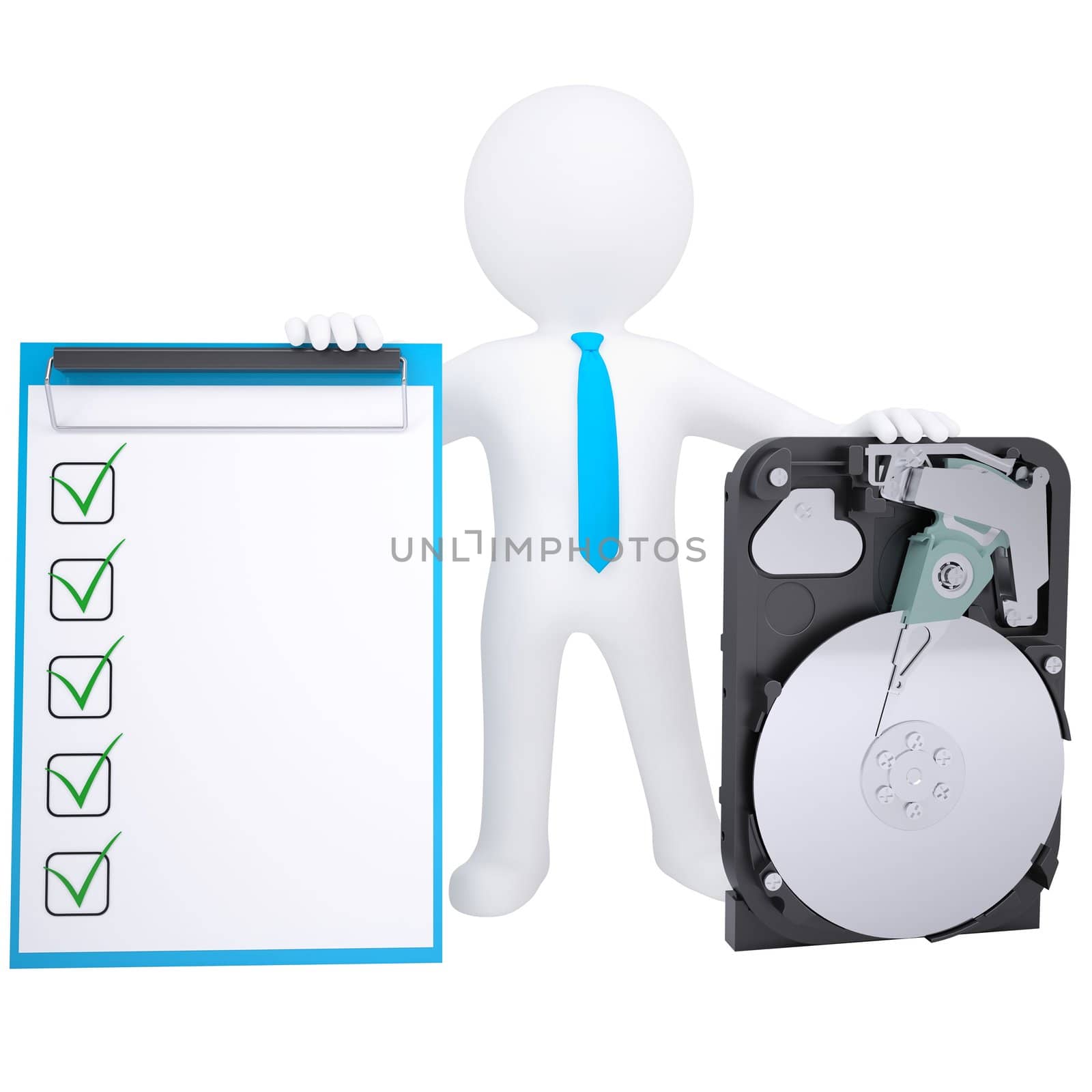 3d white man holding a hard drive. Isolated render on a white background