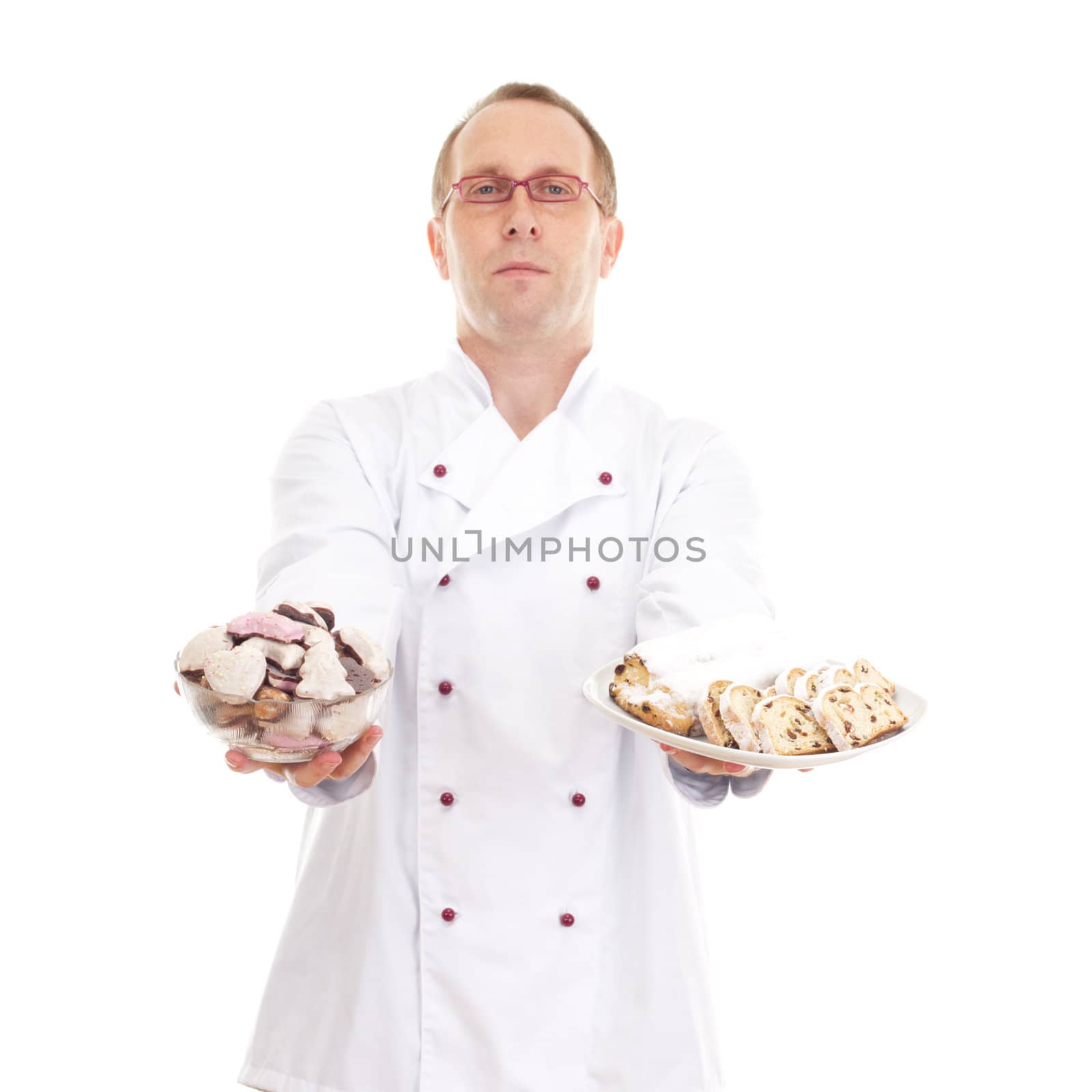 Chef with gingerbread and stollen