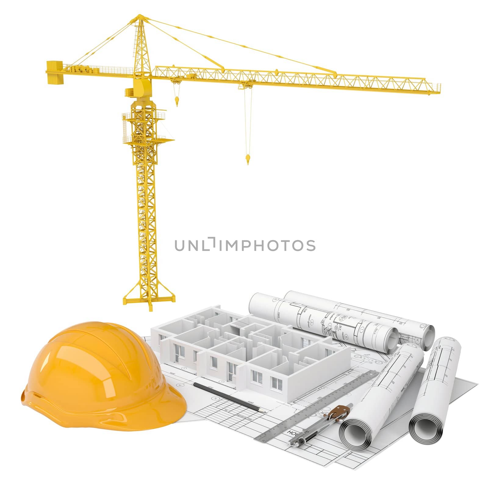Drawings, tower crane, a helmet and a house under construction. Isolated render on a white background
