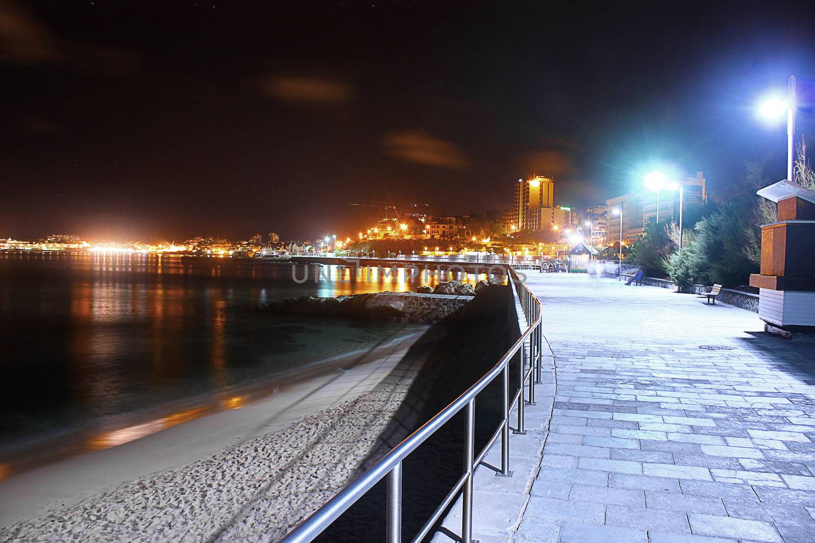 Pacific ocean in the night. Coastline view. Long exposure.