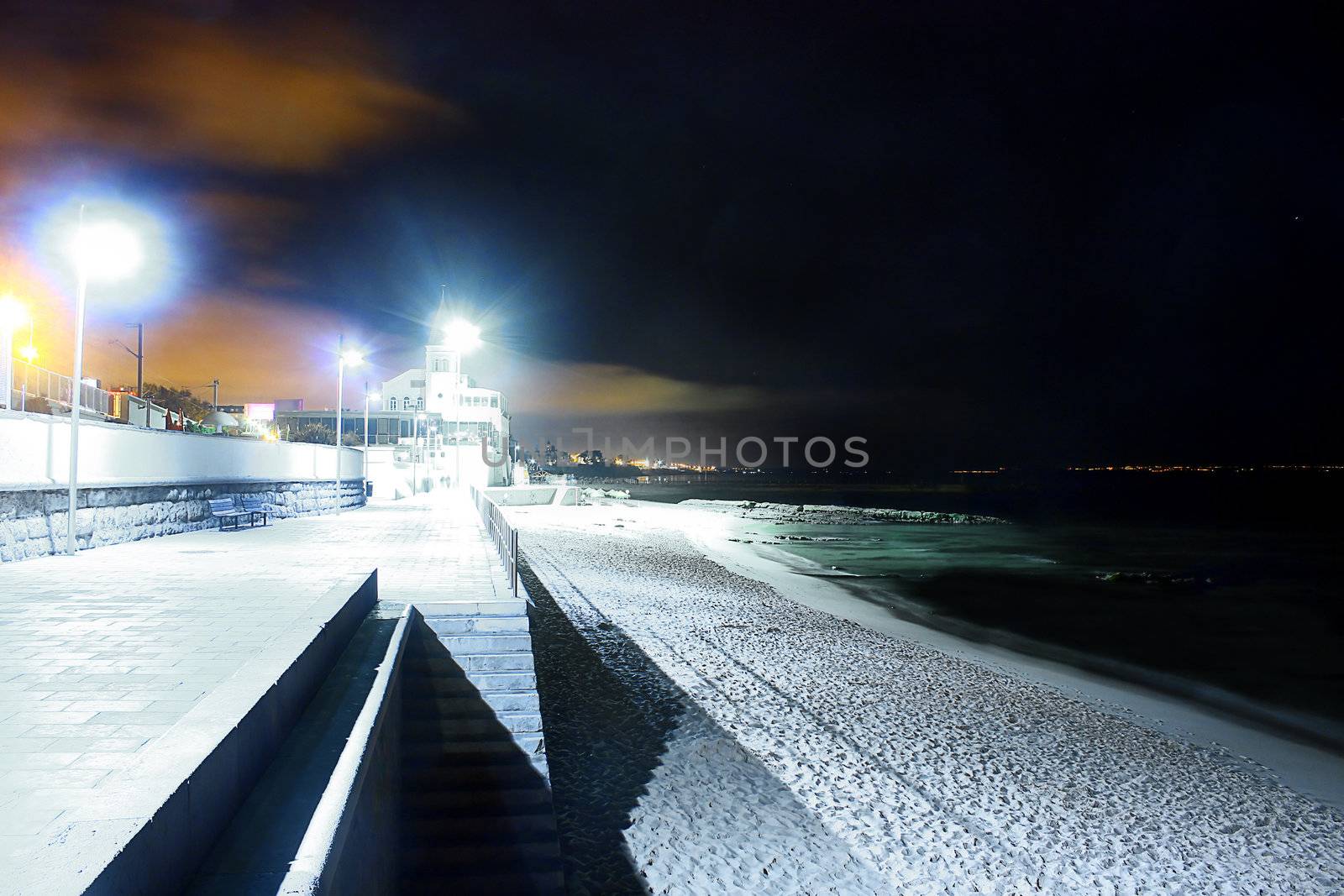 Pacific ocean in the night. Coastline view. Long exposure.