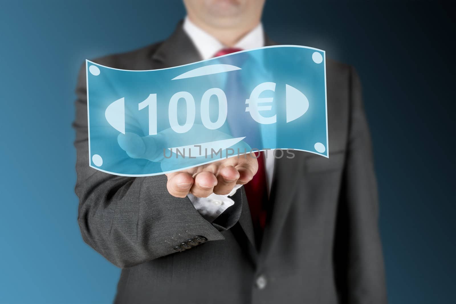 Well dressed business man is showing a illustrated100 Euro note on his outstretched arm. Background is blue/black.