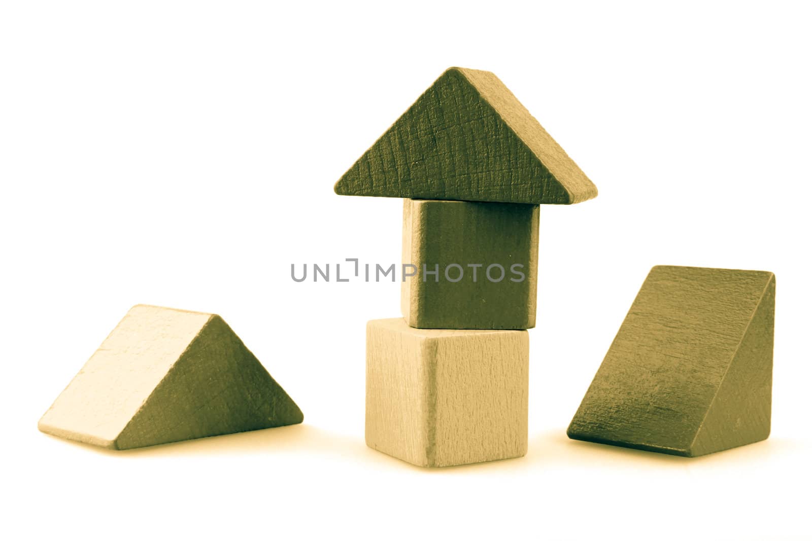 Wooden building blocks isolated on white background.