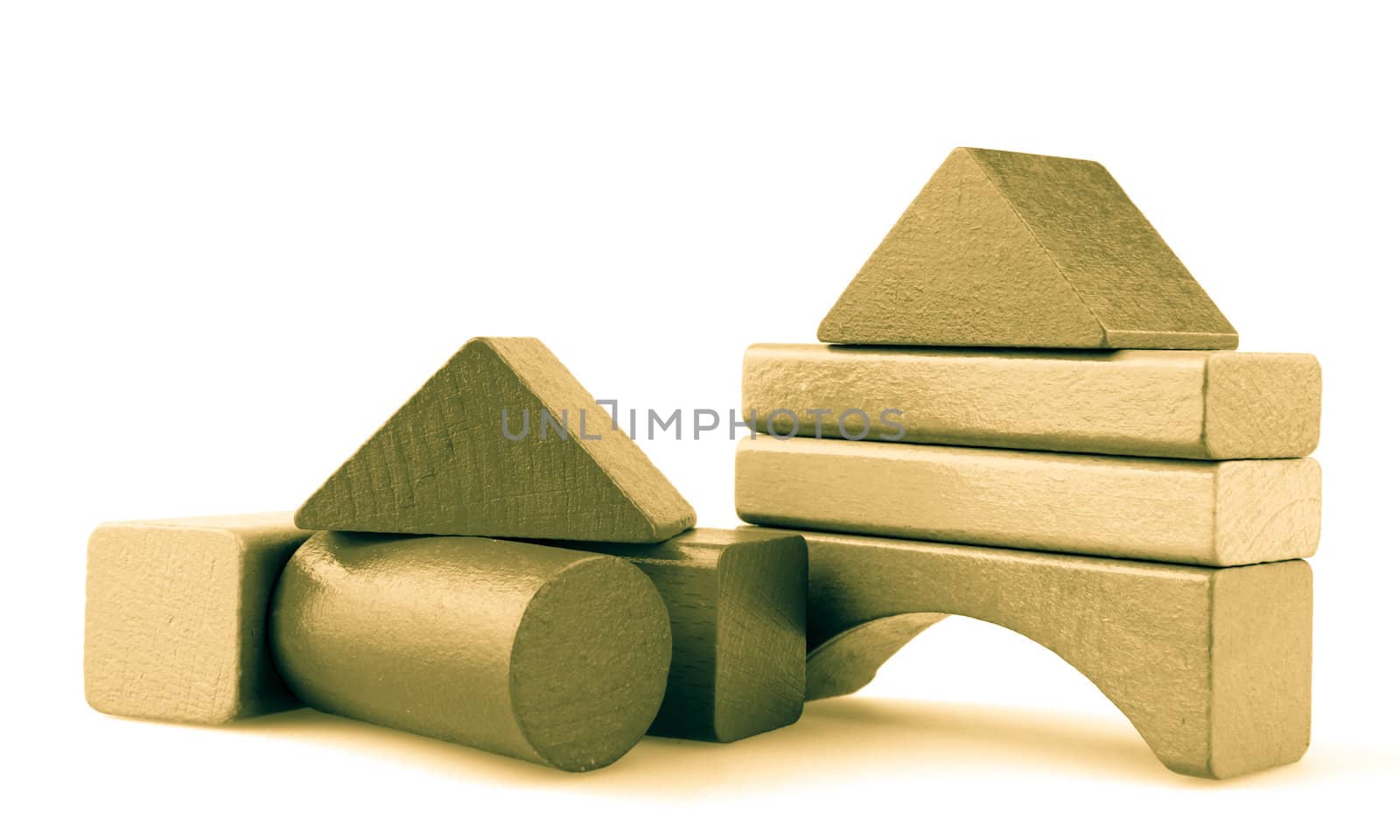 Wooden building blocks isolated on white background.